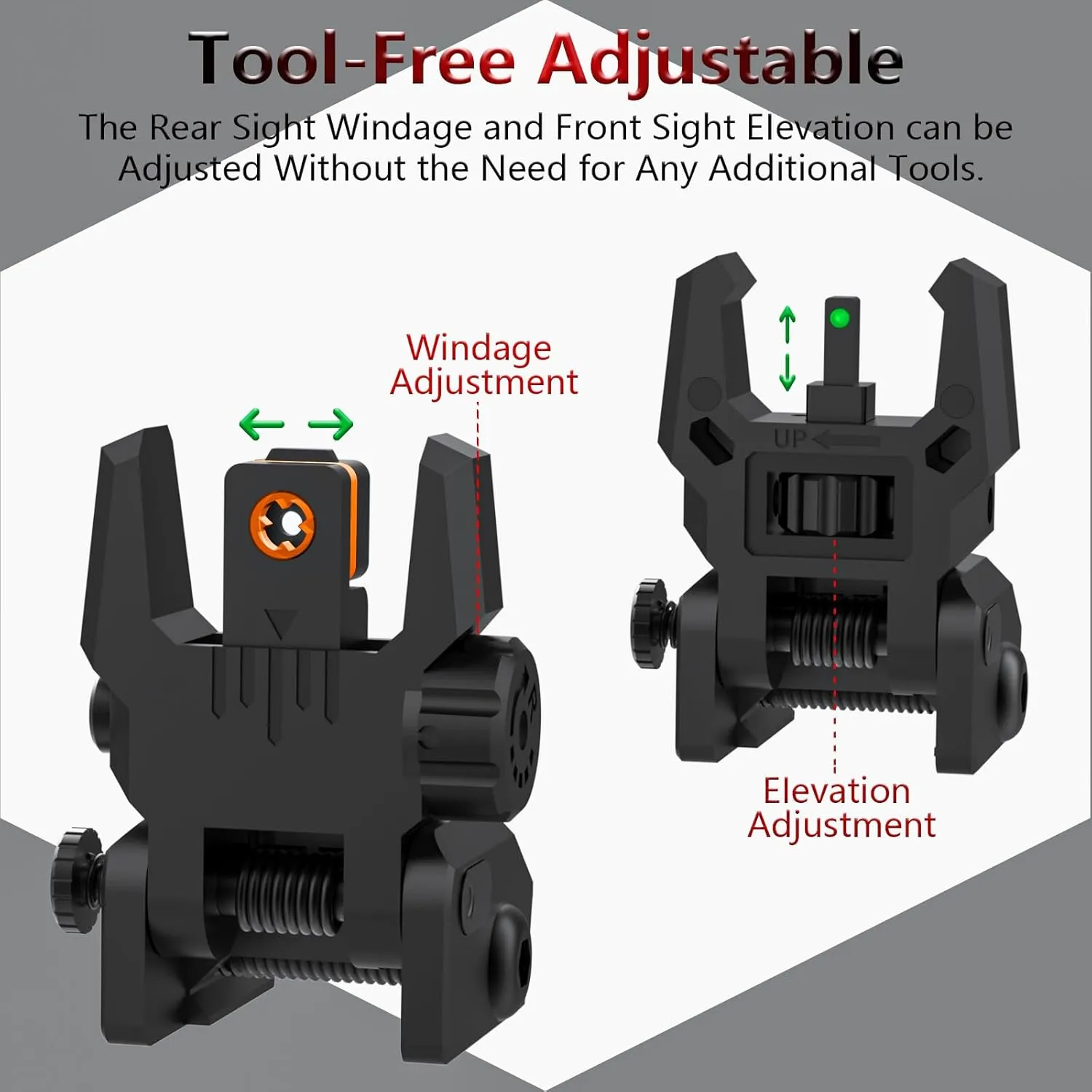 Fiber Optic Sights Flip Up Front and Rear Sites with Green and Red Fiber Optics Dots, Tool-Free Adjustment Front and Rear Backup Sight