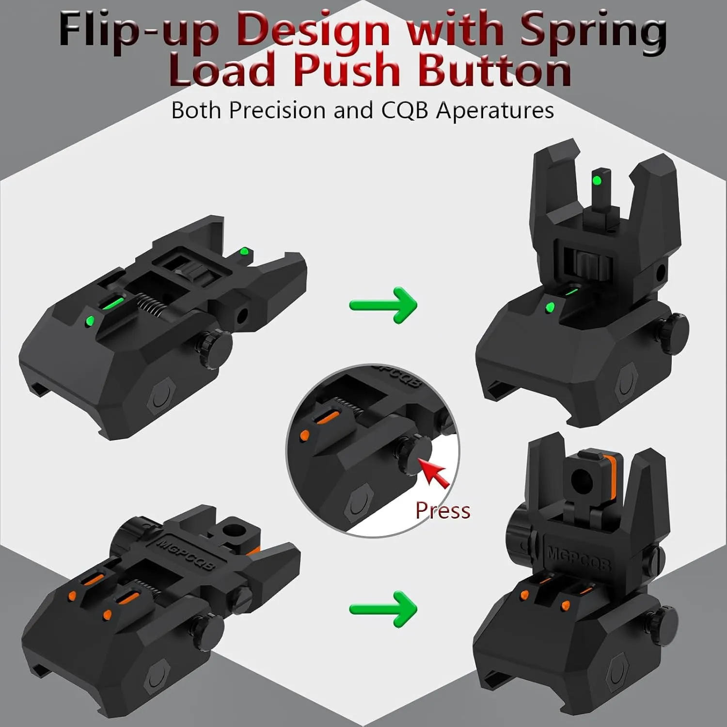 Fiber Optic Sights Flip Up Front and Rear Sites with Green and Red Fiber Optics Dots, Tool-Free Adjustment Front and Rear Backup Sight