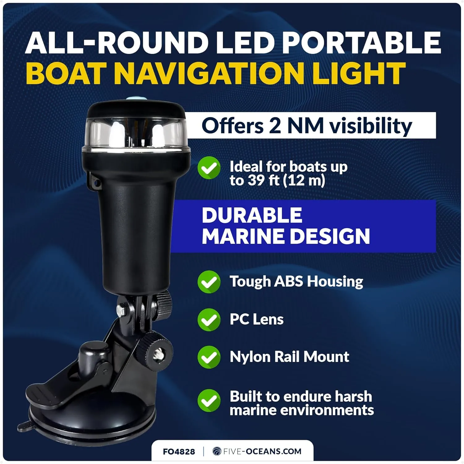 Five Oceans LED Portable All-Round Boat Navigation Light, 180-Degree Tilt Suction Base, 2 NM Visibility, IP67 Waterproof, Battery-Operated Anchor Light for Small Boats, Kayaks, Inflatables - FO4828