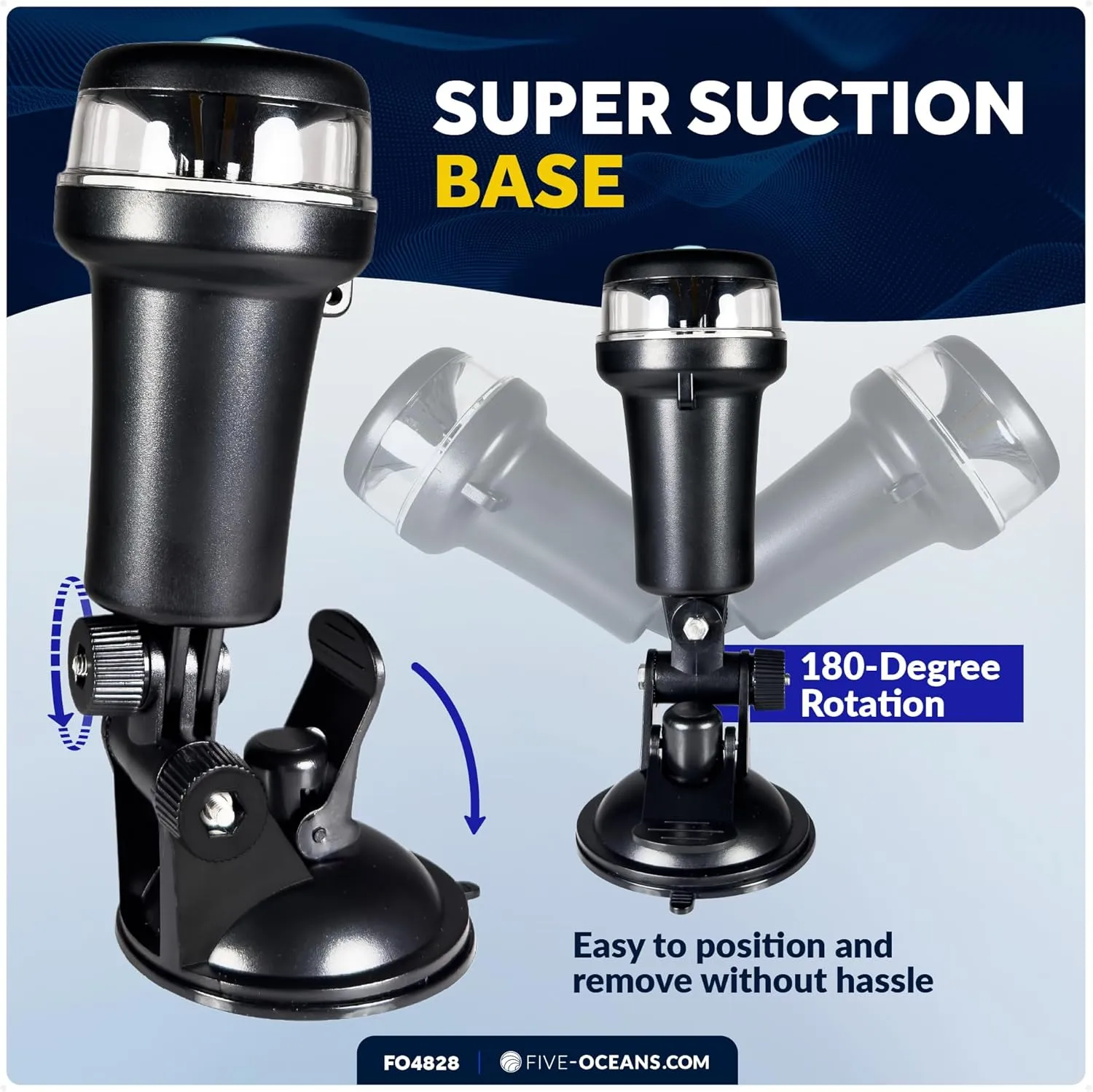 Five Oceans LED Portable All-Round Boat Navigation Light, 180-Degree Tilt Suction Base, 2 NM Visibility, IP67 Waterproof, Battery-Operated Anchor Light for Small Boats, Kayaks, Inflatables - FO4828