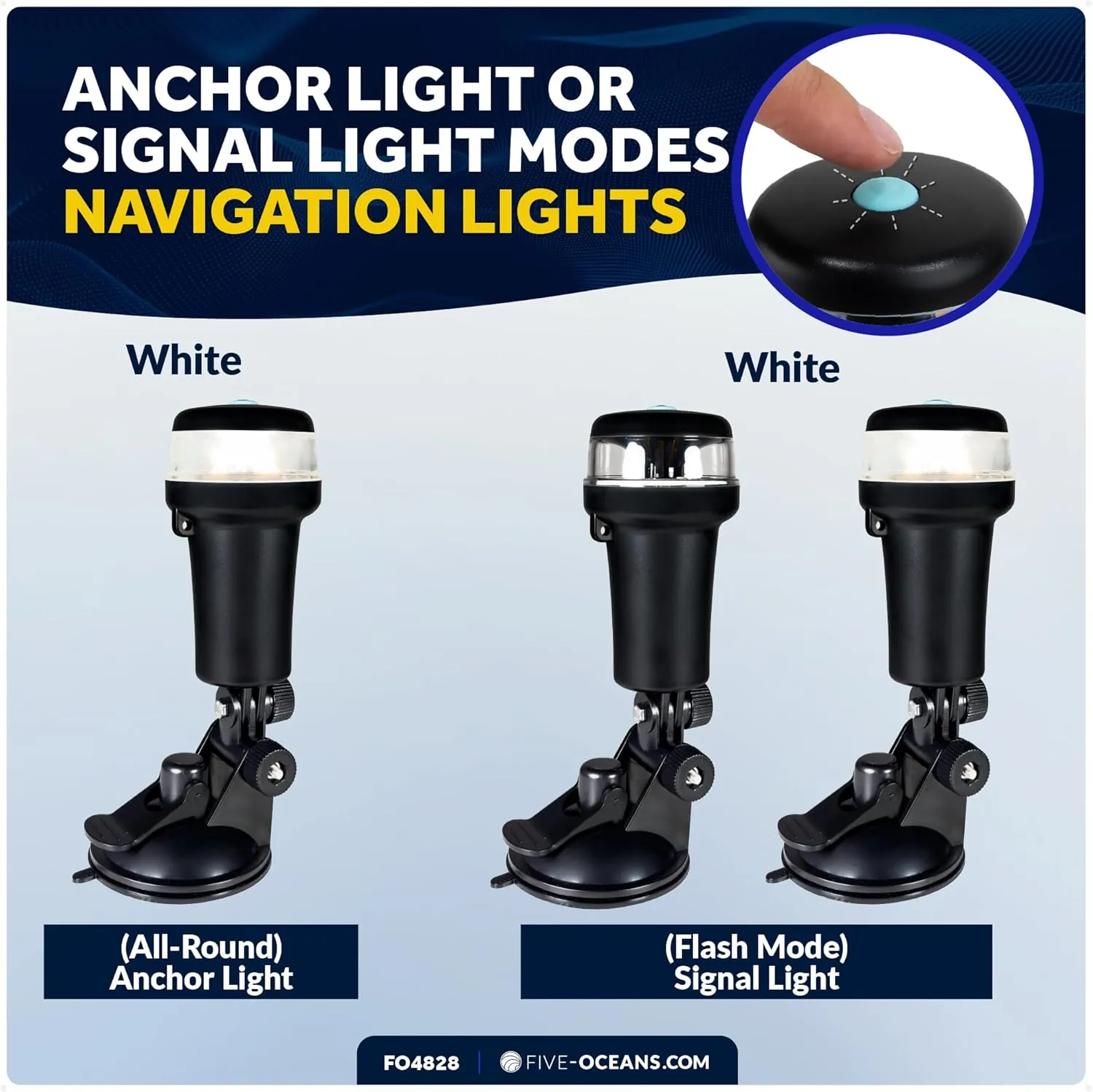 Five Oceans LED Portable All-Round Boat Navigation Light, 180-Degree Tilt Suction Base, 2 NM Visibility, IP67 Waterproof, Battery-Operated Anchor Light for Small Boats, Kayaks, Inflatables - FO4828