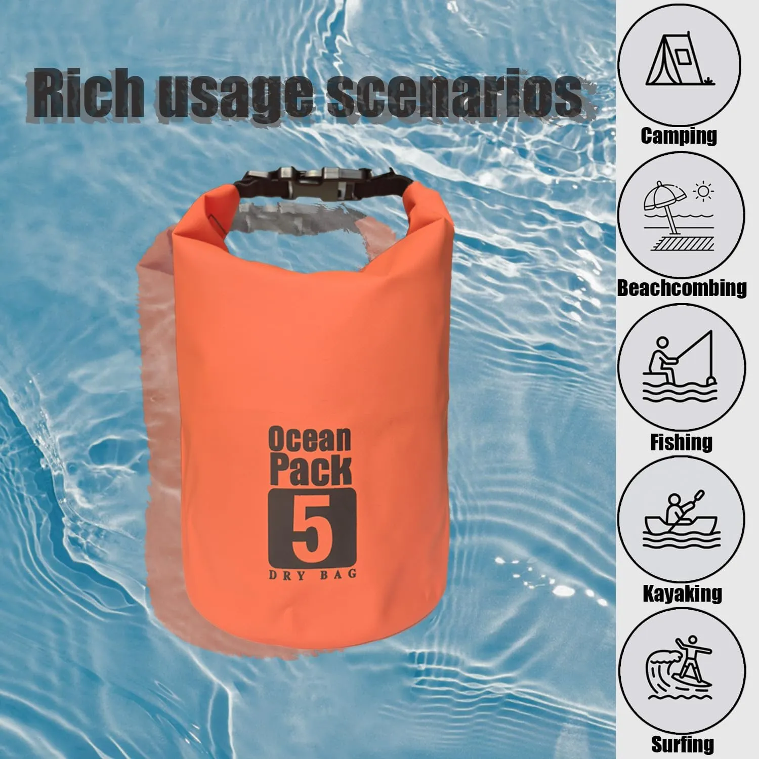 Floating Waterproof Dry Bag 5L/10L/15L/20L, Roll Top Sack for Kayaking, Swimming, Camping, Hiking, Beach, Fishing, Diving Heavy Duty Straps (Multiple Colors Available) (ORANGE, 15L)