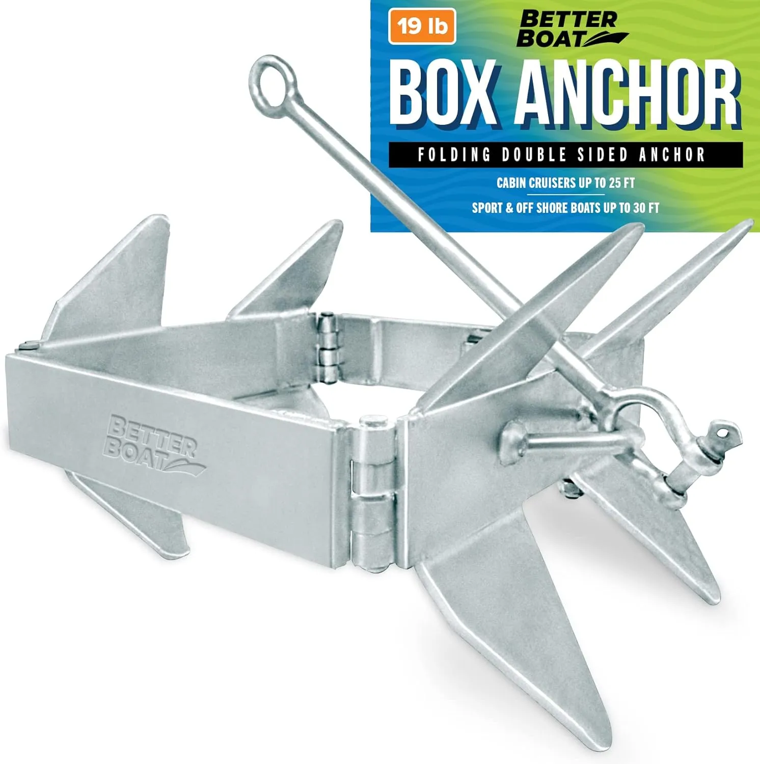 Folding Boat Box Anchor 13lb, 19lb or 26lb, Prevents Anchor Slide, for Boats up to 34 ft, Pontoon, Fishing, Cabin Cruisers, Hot-Dipped Galvanized