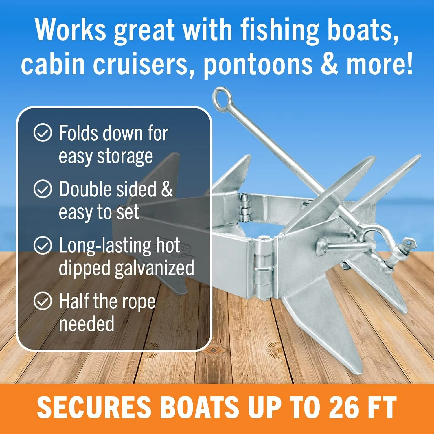 Folding Boat Box Anchor 13lb, 19lb or 26lb, Prevents Anchor Slide, for Boats up to 34 ft, Pontoon, Fishing, Cabin Cruisers, Hot-Dipped Galvanized