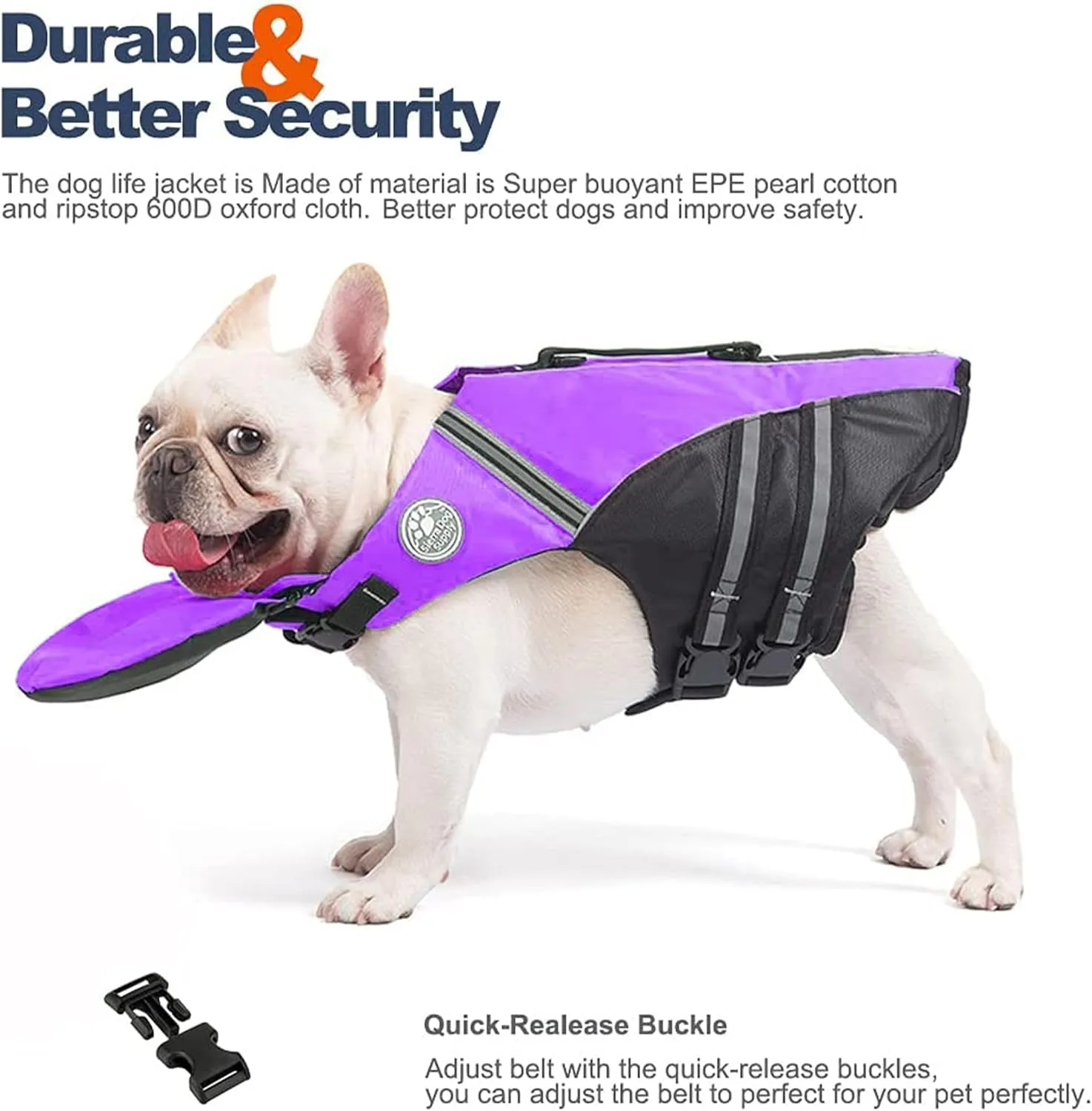 French Bulldog Life Jacket, Life Vest with Chin Float Rescue Handle for Corgi Pug, Adjustable High Visibility Flotation Swim Vest for Swimming Boating (Purple)
