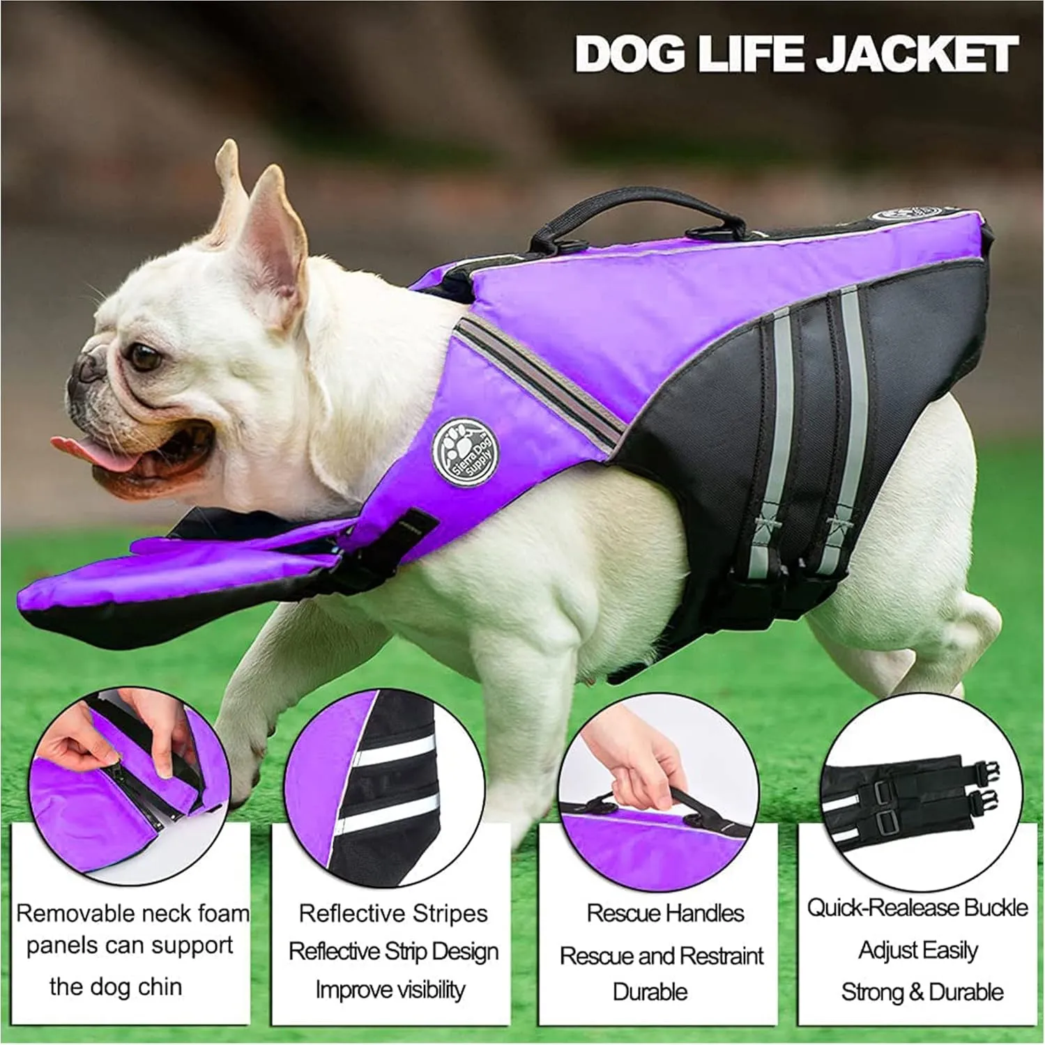 French Bulldog Life Jacket, Life Vest with Chin Float Rescue Handle for Corgi Pug, Adjustable High Visibility Flotation Swim Vest for Swimming Boating (Purple)