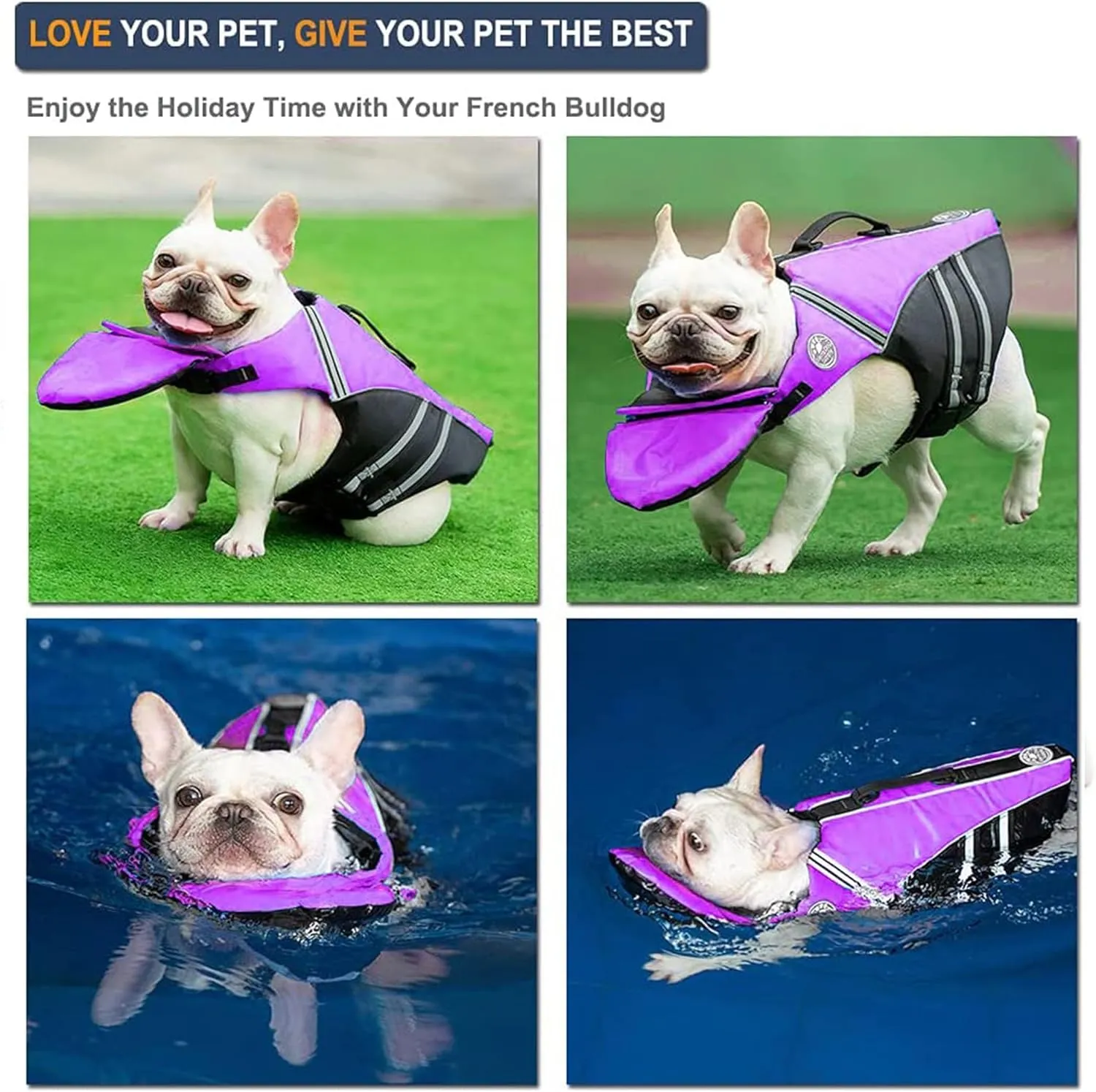 French Bulldog Life Jacket, Life Vest with Chin Float Rescue Handle for Corgi Pug, Adjustable High Visibility Flotation Swim Vest for Swimming Boating (Purple)