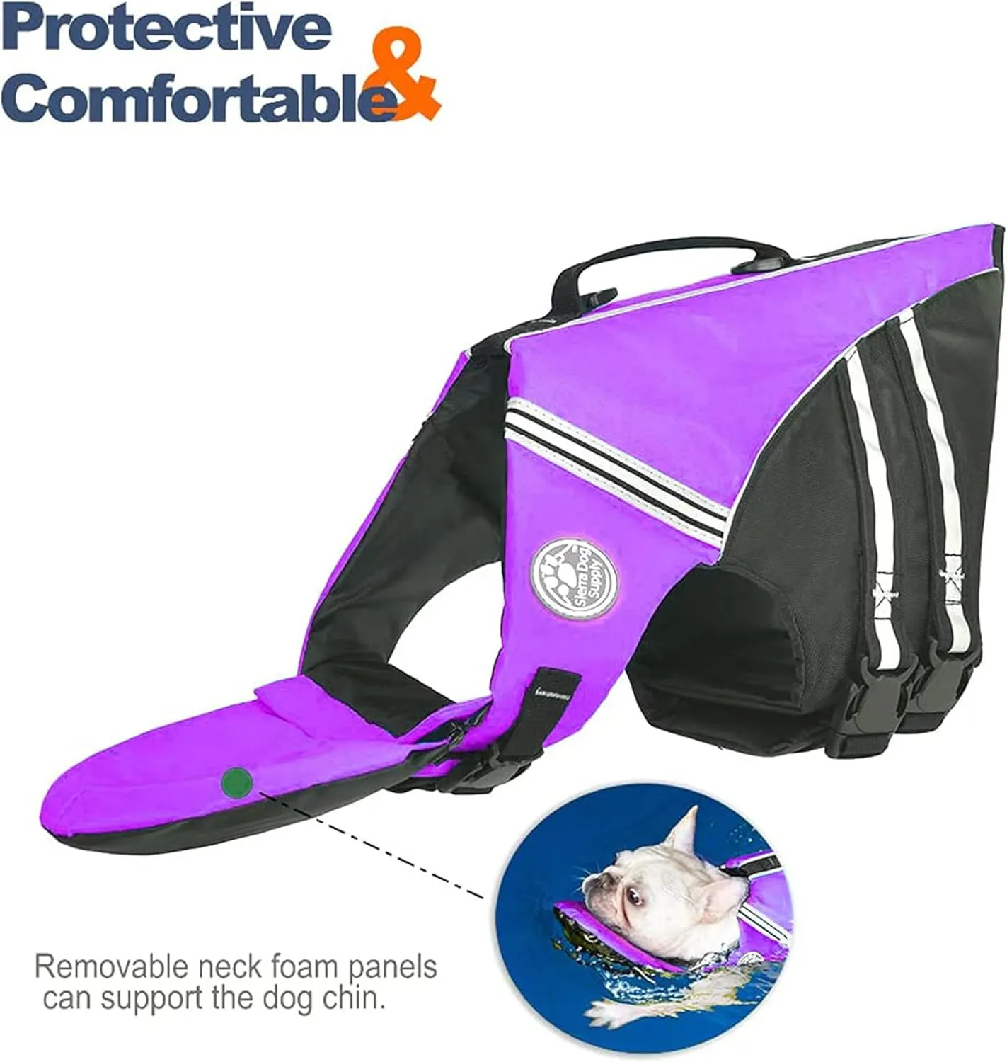 French Bulldog Life Jacket, Life Vest with Chin Float Rescue Handle for Corgi Pug, Adjustable High Visibility Flotation Swim Vest for Swimming Boating (Purple)