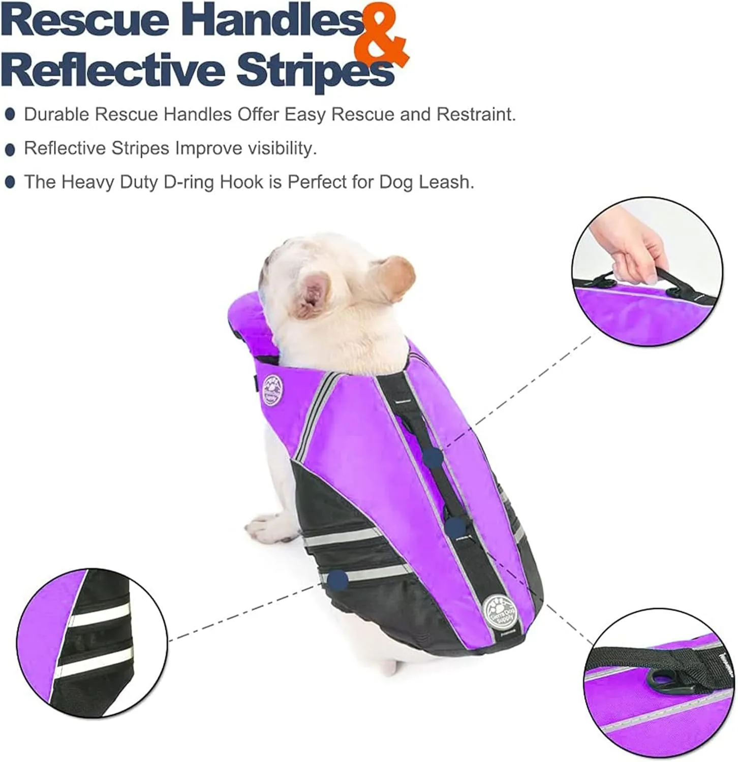 French Bulldog Life Jacket, Life Vest with Chin Float Rescue Handle for Corgi Pug, Adjustable High Visibility Flotation Swim Vest for Swimming Boating (Purple)