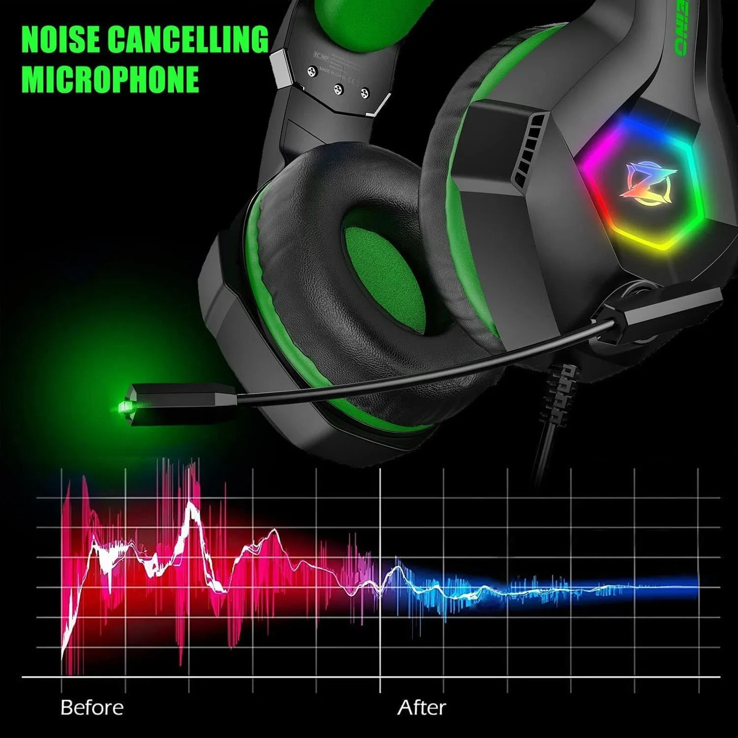 Gaming Headset for PC, Ps4, Ps5, Xbox Headset with 7.1 Surround Sound, Gaming Headphones with Noise Cancelling Mic RGB Light Over Ear Headphones for Xbox Series X/S, Switch-Green