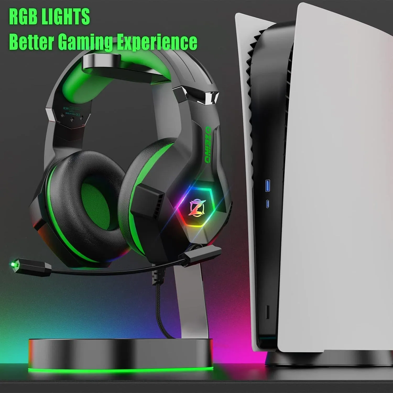 Gaming Headset for PC, Ps4, Ps5, Xbox Headset with 7.1 Surround Sound, Gaming Headphones with Noise Cancelling Mic RGB Light Over Ear Headphones for Xbox Series X/S, Switch-Green