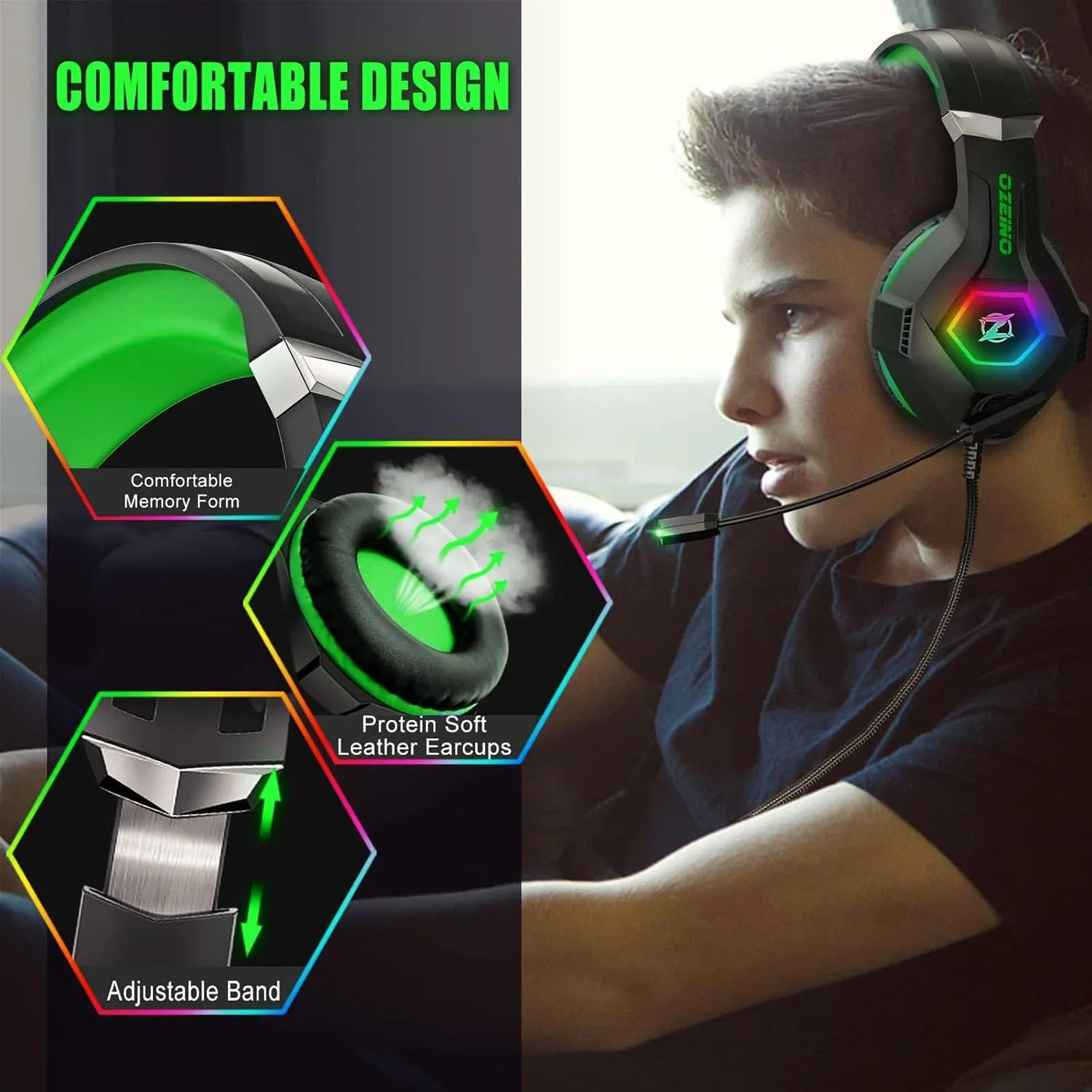 Gaming Headset for PC, Ps4, Ps5, Xbox Headset with 7.1 Surround Sound, Gaming Headphones with Noise Cancelling Mic RGB Light Over Ear Headphones for Xbox Series X/S, Switch-Green
