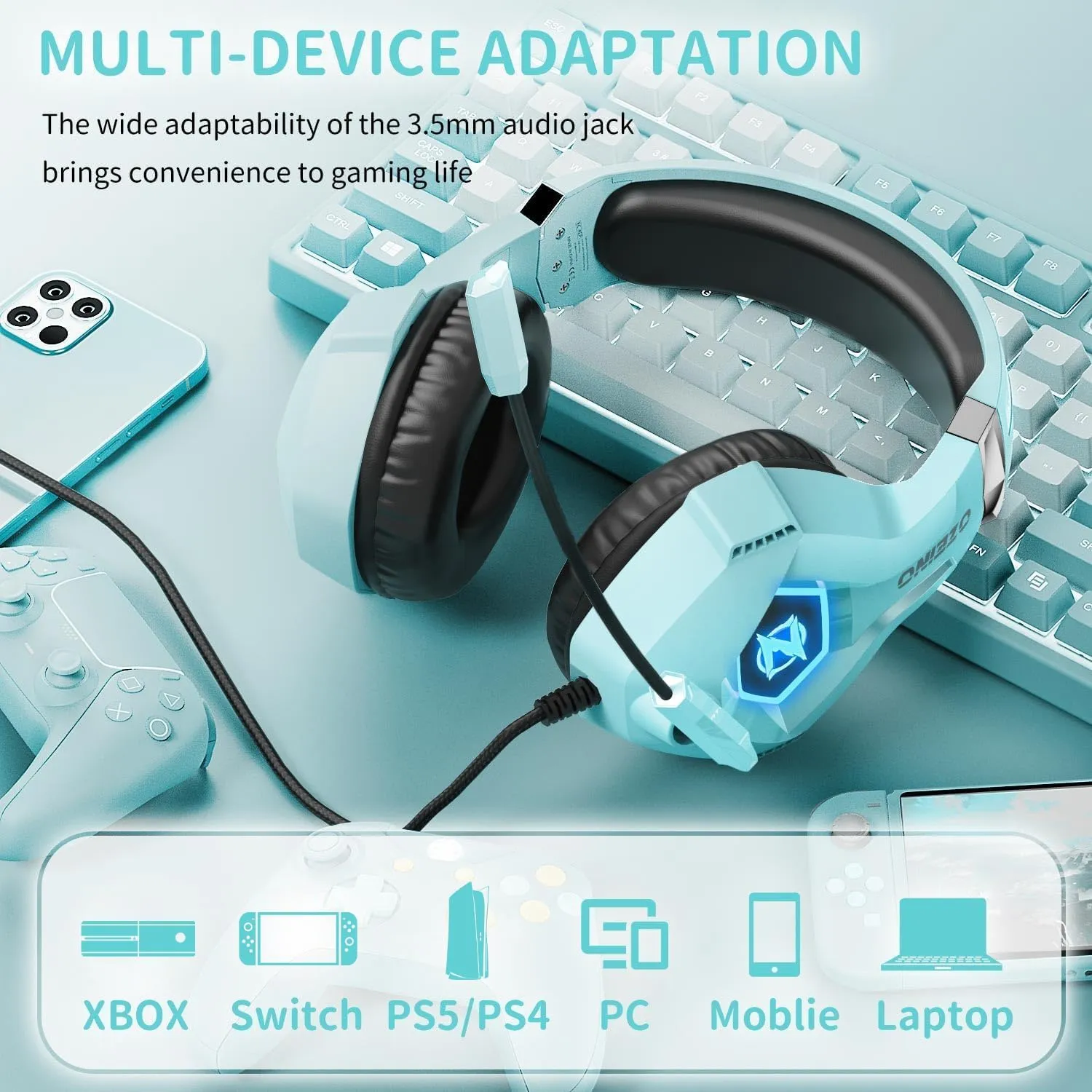 Gaming Headset for PC, Ps4, Ps5, Xbox Headset with 7.1 Surround Sound, Gaming Headphones with Noise Cancelling Mic RGB Light Over Ear Headphones for Xbox Series X/S, Switch-Light Blue