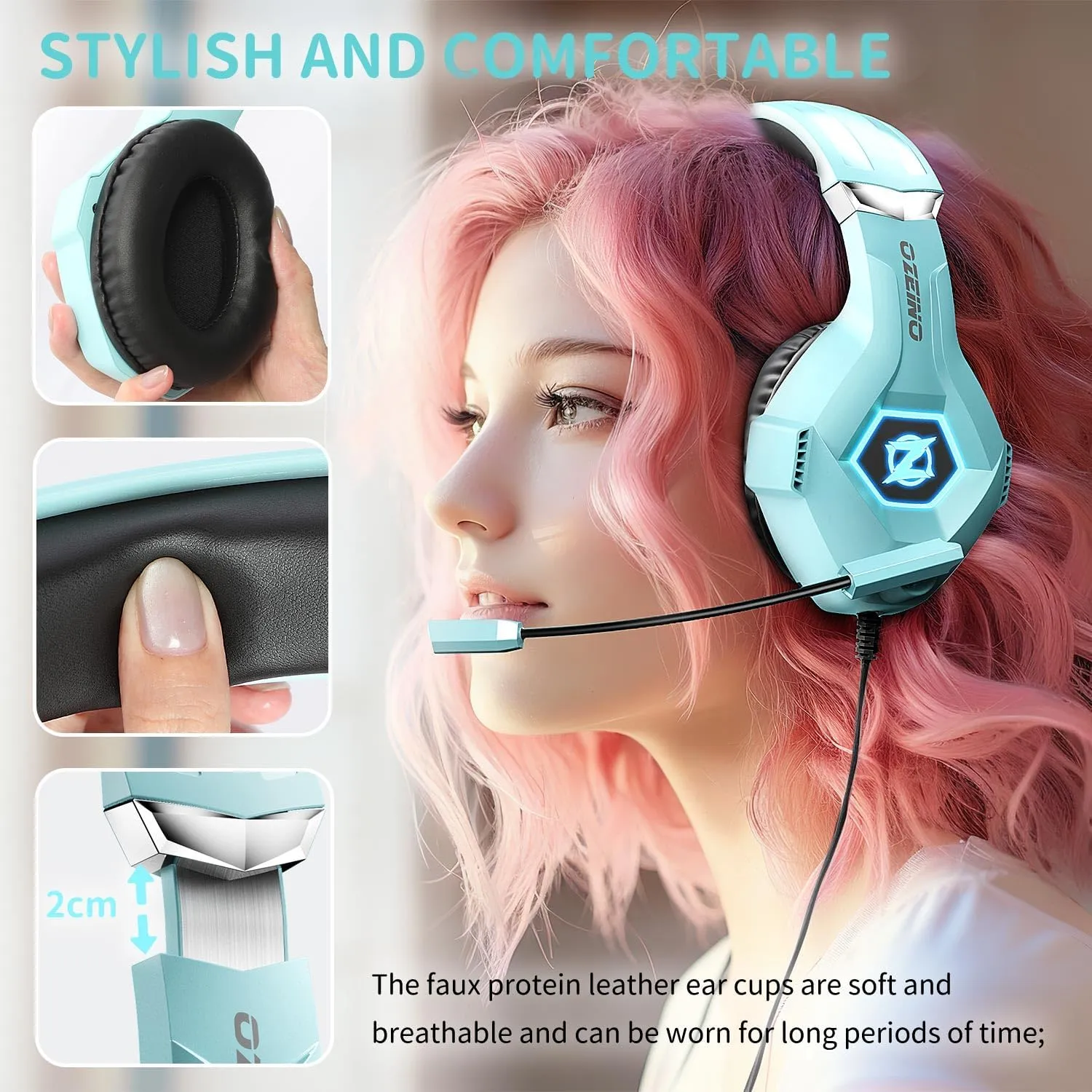 Gaming Headset for PC, Ps4, Ps5, Xbox Headset with 7.1 Surround Sound, Gaming Headphones with Noise Cancelling Mic RGB Light Over Ear Headphones for Xbox Series X/S, Switch-Light Blue
