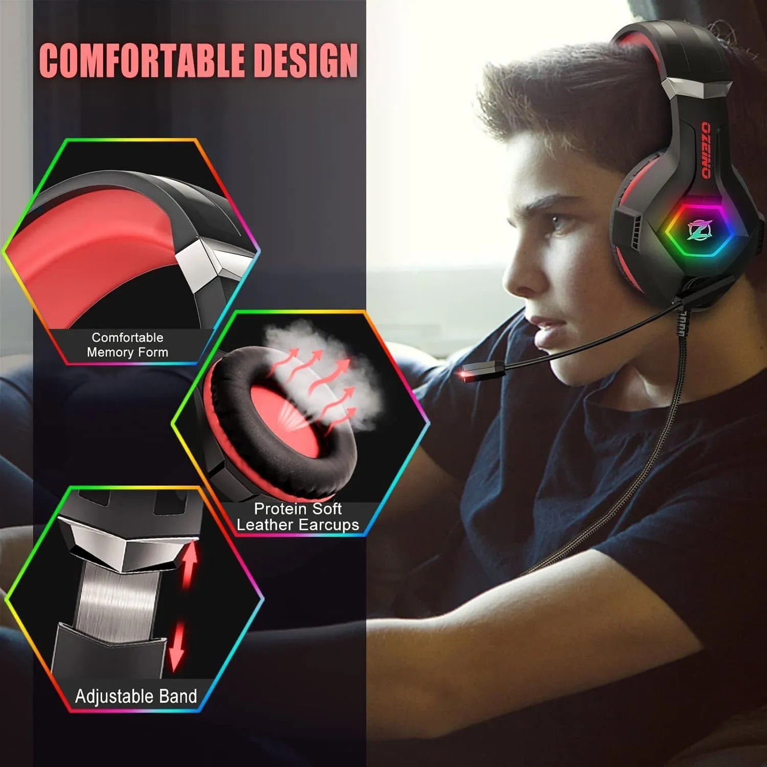 Gaming Headset for PC, Ps4, Ps5, Xbox Headset with 7.1 Surround Sound, Gaming Headphones with Noise Cancelling Mic RGB Light Over Ear Headphones for Xbox Series X/S, Switch -Red