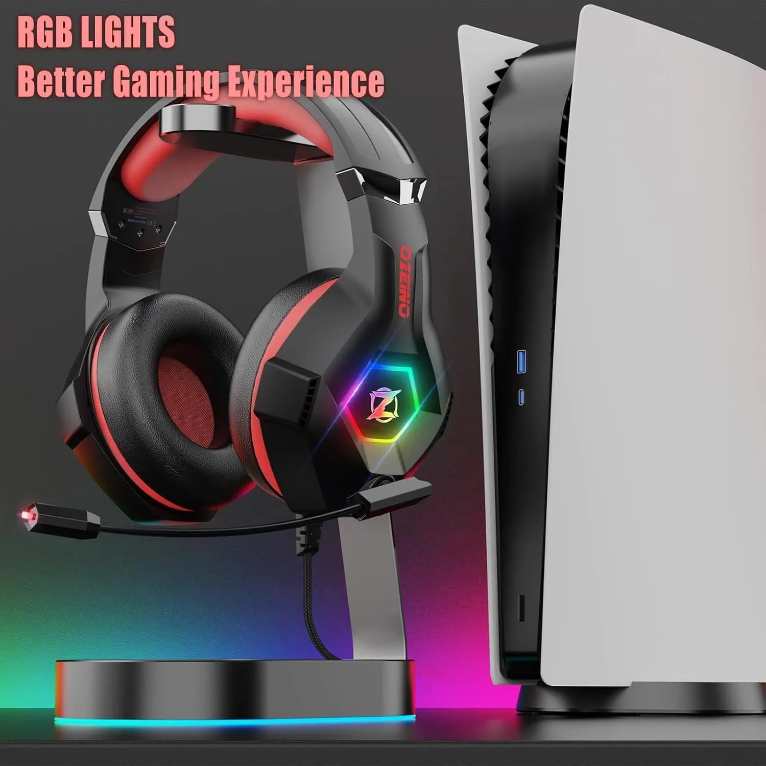 Gaming Headset for PC, Ps4, Ps5, Xbox Headset with 7.1 Surround Sound, Gaming Headphones with Noise Cancelling Mic RGB Light Over Ear Headphones for Xbox Series X/S, Switch -Red