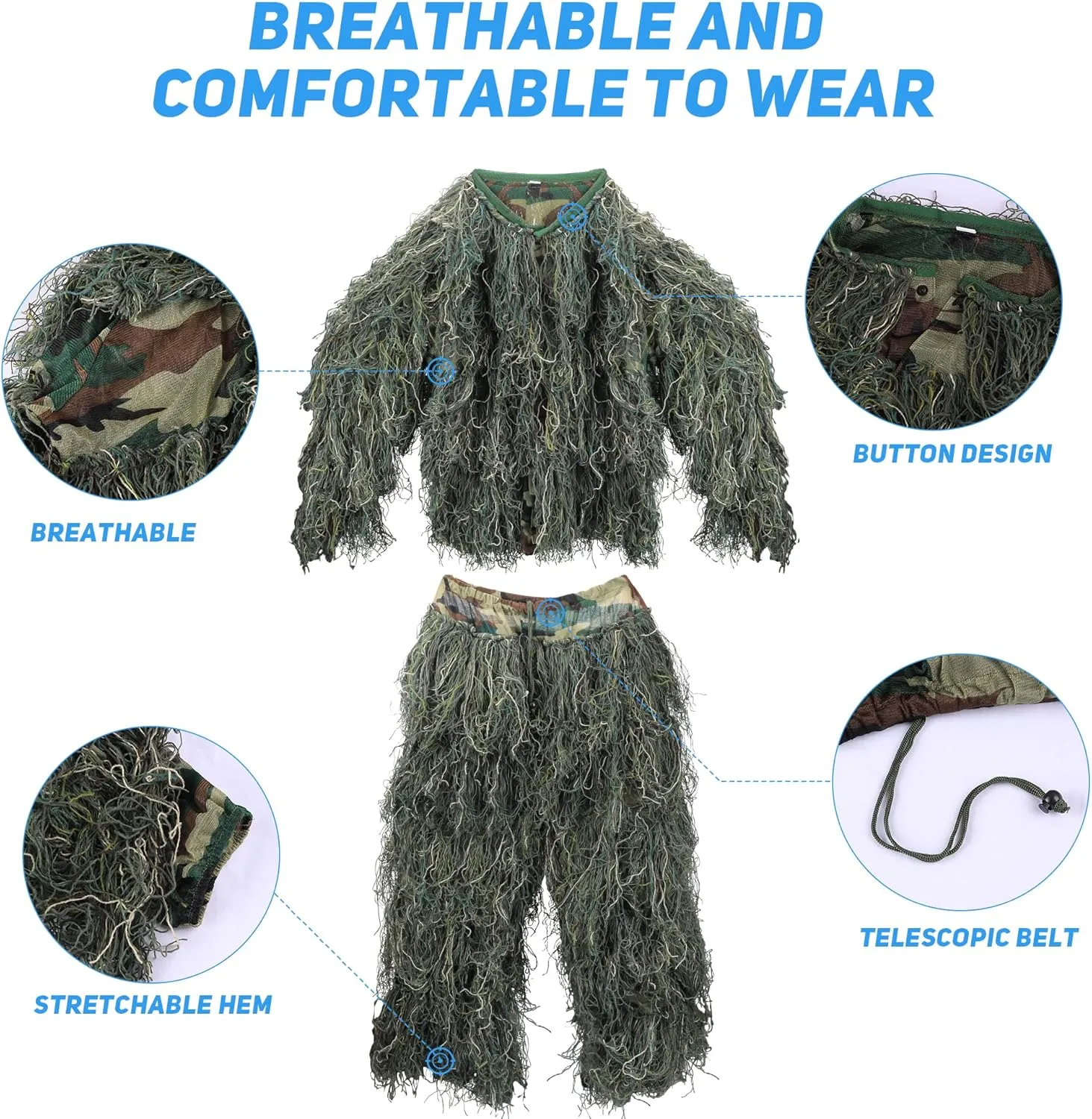 Ghillie Suit, 3D Camouflage Hunting Apparel for Kids/Youth/Teen(S/M/L/XL/XXL)