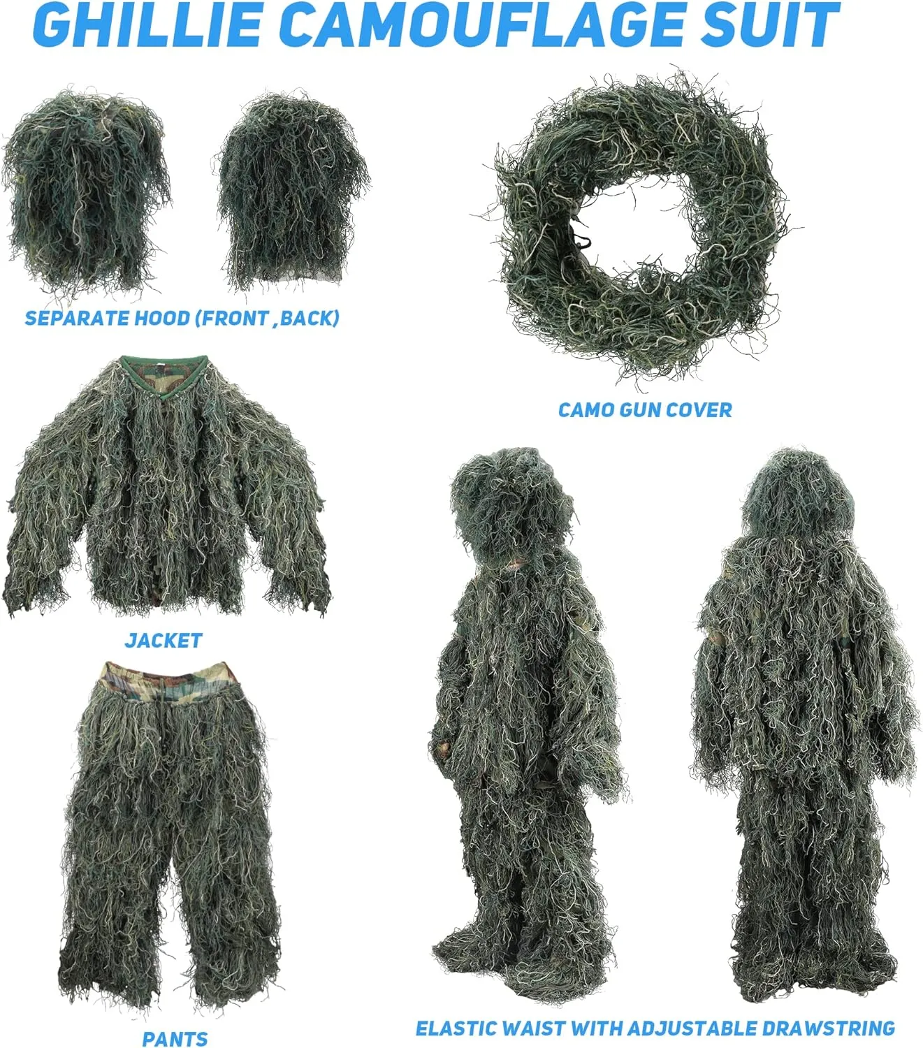 Ghillie Suit, 3D Camouflage Hunting Apparel for Kids/Youth/Teen(S/M/L/XL/XXL)