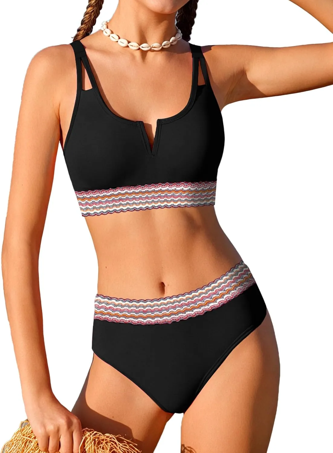 Girls Swimsuit High Waisted Bathing Suit for Girls V-Neck Cutout Two Piece Swimwear Color Block Welt Bikini Set 9-16y