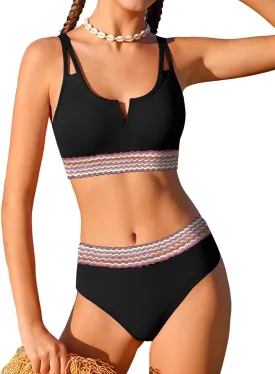 Girls Swimsuit High Waisted Bathing Suit for Girls V-Neck Cutout Two Piece Swimwear Color Block Welt Bikini Set 9-16y