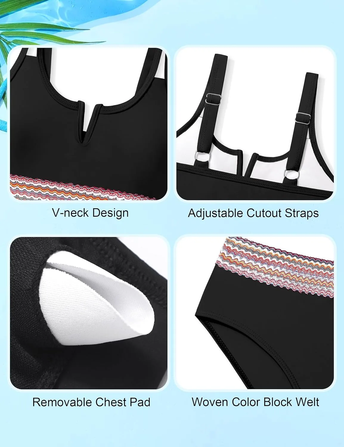 Girls Swimsuit High Waisted Bathing Suit for Girls V-Neck Cutout Two Piece Swimwear Color Block Welt Bikini Set 9-16y