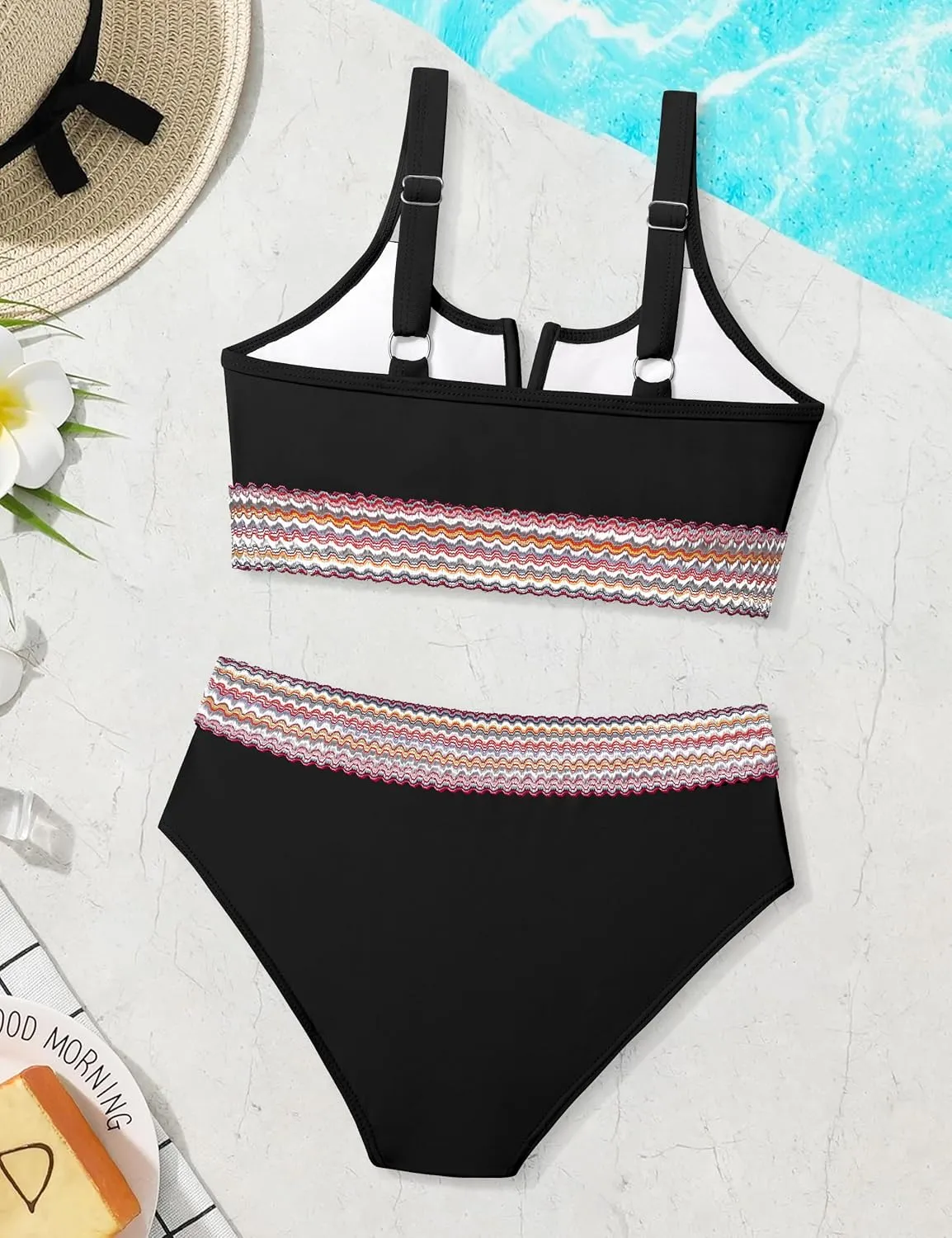 Girls Swimsuit High Waisted Bathing Suit for Girls V-Neck Cutout Two Piece Swimwear Color Block Welt Bikini Set 9-16y