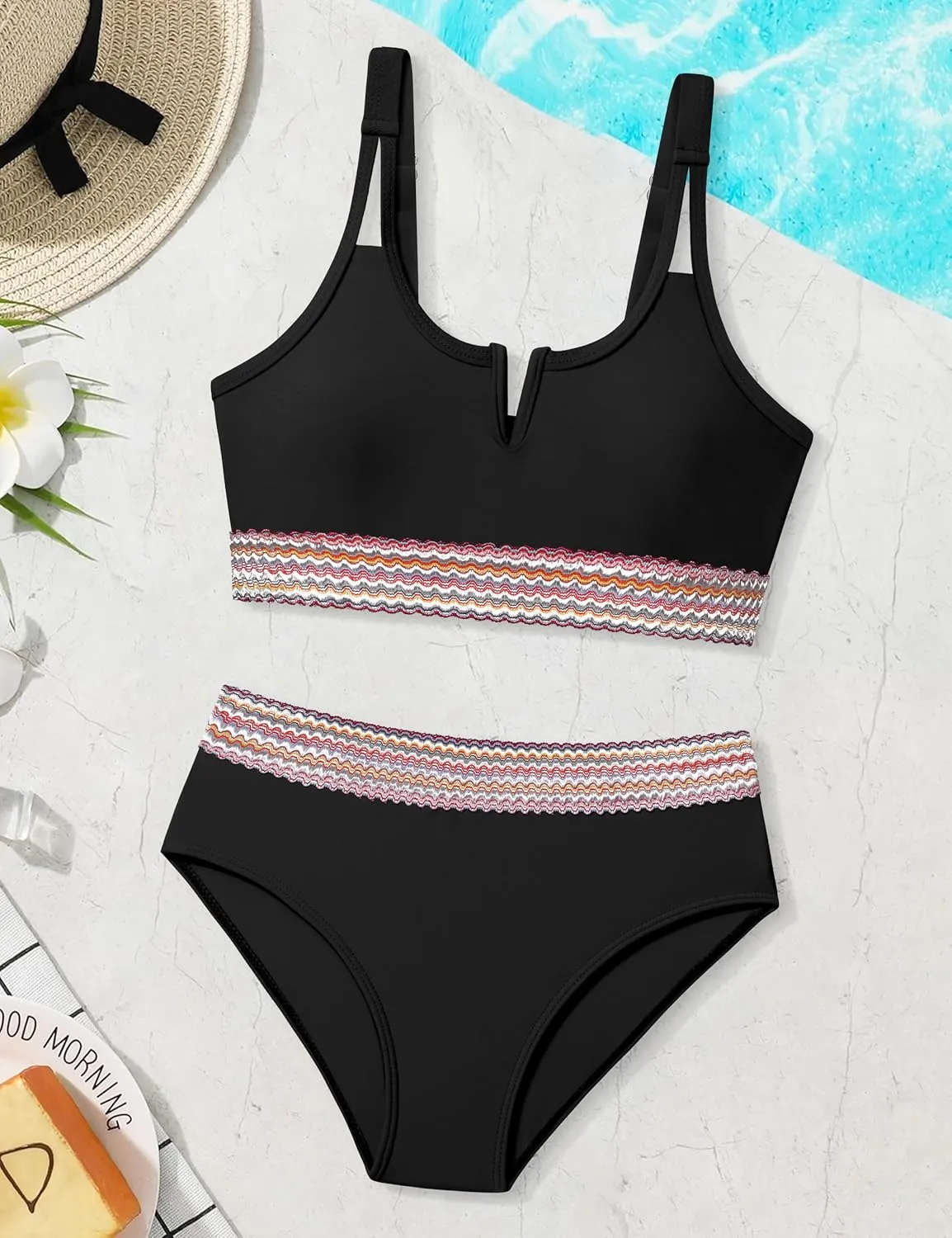 Girls Swimsuit High Waisted Bathing Suit for Girls V-Neck Cutout Two Piece Swimwear Color Block Welt Bikini Set 9-16y