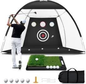 Golf Net: 10x7ft Golf Hitting Practice Net for Backyard Driving Chipping Swing Training with Non-Slip Heavy-Duty Base Hitting Mat for Indoor or Outdoor Use, Gifts for Men Dad Father's Day