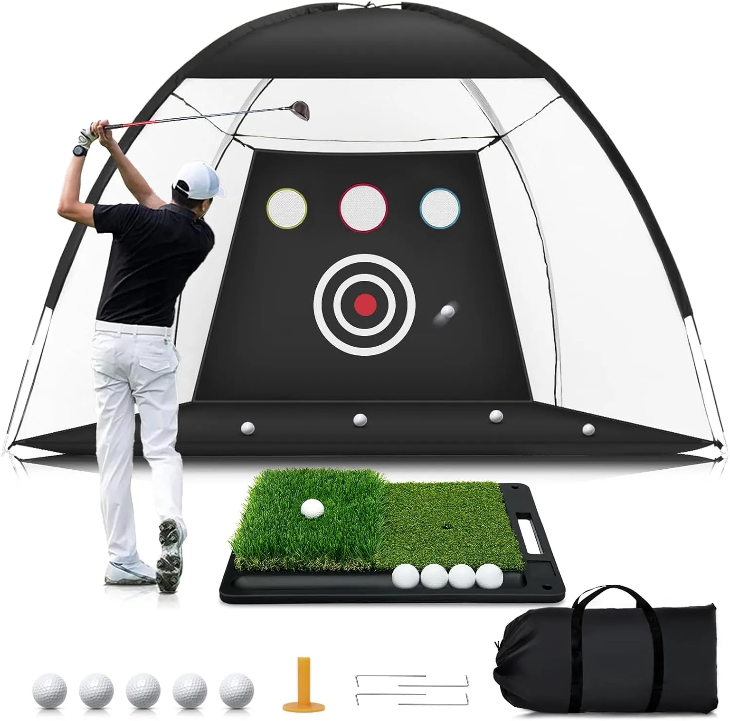 Golf Net: 10x7ft Golf Hitting Practice Net for Backyard Driving Chipping Swing Training with Non-Slip Heavy-Duty Base Hitting Mat for Indoor or Outdoor Use, Gifts for Men Dad Father's Day
