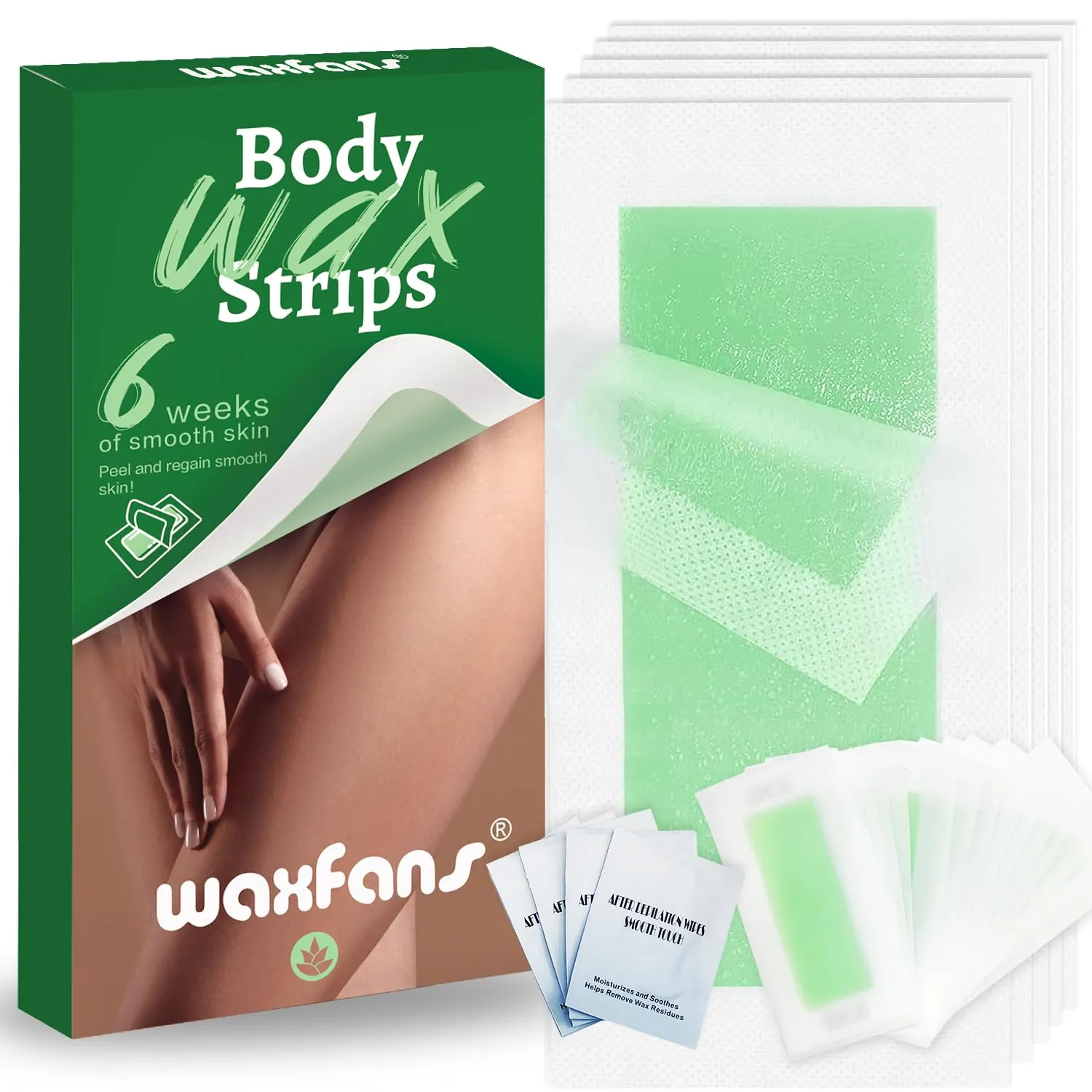 Hair Removal Wax Strips for Face/Body/Bikini - 60 Count Hypoallergenic Depilatory Kit with 4 Soothing Wipes (Green) - All Skin & Hair Types