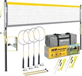 Haokelball Professional Badminton Set with Anti-Sag Design, Portable Badminton Net, Carbon Aluminum Rackets Set of 4, Sturdy 1.25" Steel Frame, 4 Shuttlecocks, Carry Bag, Badminton Sets for Backyards