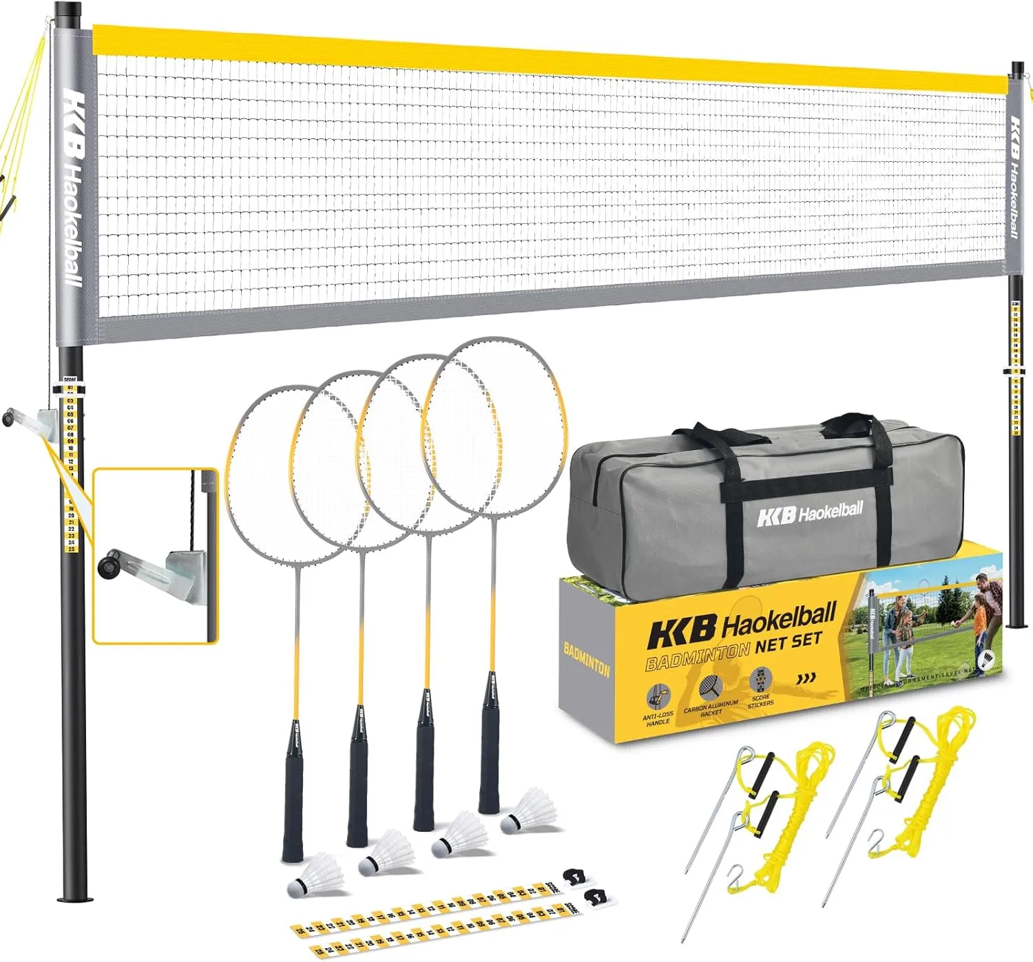 Haokelball Professional Badminton Set with Anti-Sag Design, Portable Badminton Net, Carbon Aluminum Rackets Set of 4, Sturdy 1.25" Steel Frame, 4 Shuttlecocks, Carry Bag, Badminton Sets for Backyards