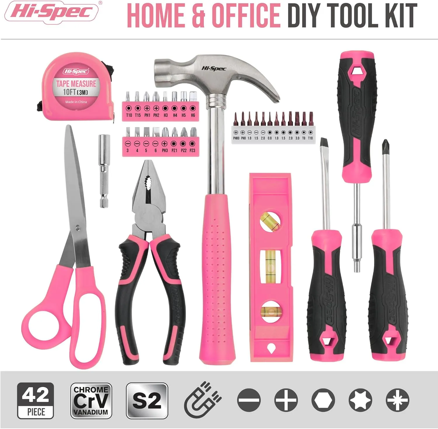 Hi-Spec 42pc Pink Household DIY Tool Set for Women. Home, Office and College Dorm Small Toolkit of Starter Basic Ladies Tools