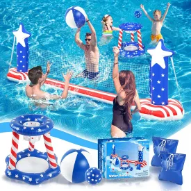 Inflatable Pool Volleyball Net & Basketball Hoop, 120'' Large PVC Pool Volleyball Court Toy Set with 2 Balls & 2 Weight Bags, Summer Water Floating Cool Swimming Family Party Gift for Kid Teen & Adult