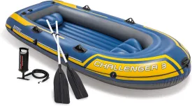 Intex 68370EP Challenger 3 Inflatable Boat Set: Includes Deluxe 48in Boat Oars and High-Output Pump  Triple Air Chambers  Welded Oar Locks  3-Person  660lb Weight Capacity
