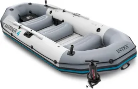 INTEX 68376EP Mariner 4 Inflatable Boat Set: Includes Deluxe 54in Boat Oars and High-Output Pump  Wear-Resistant Keel  Removable Fishing Rod Holders  4-Person  1100lb Weight Capacity
