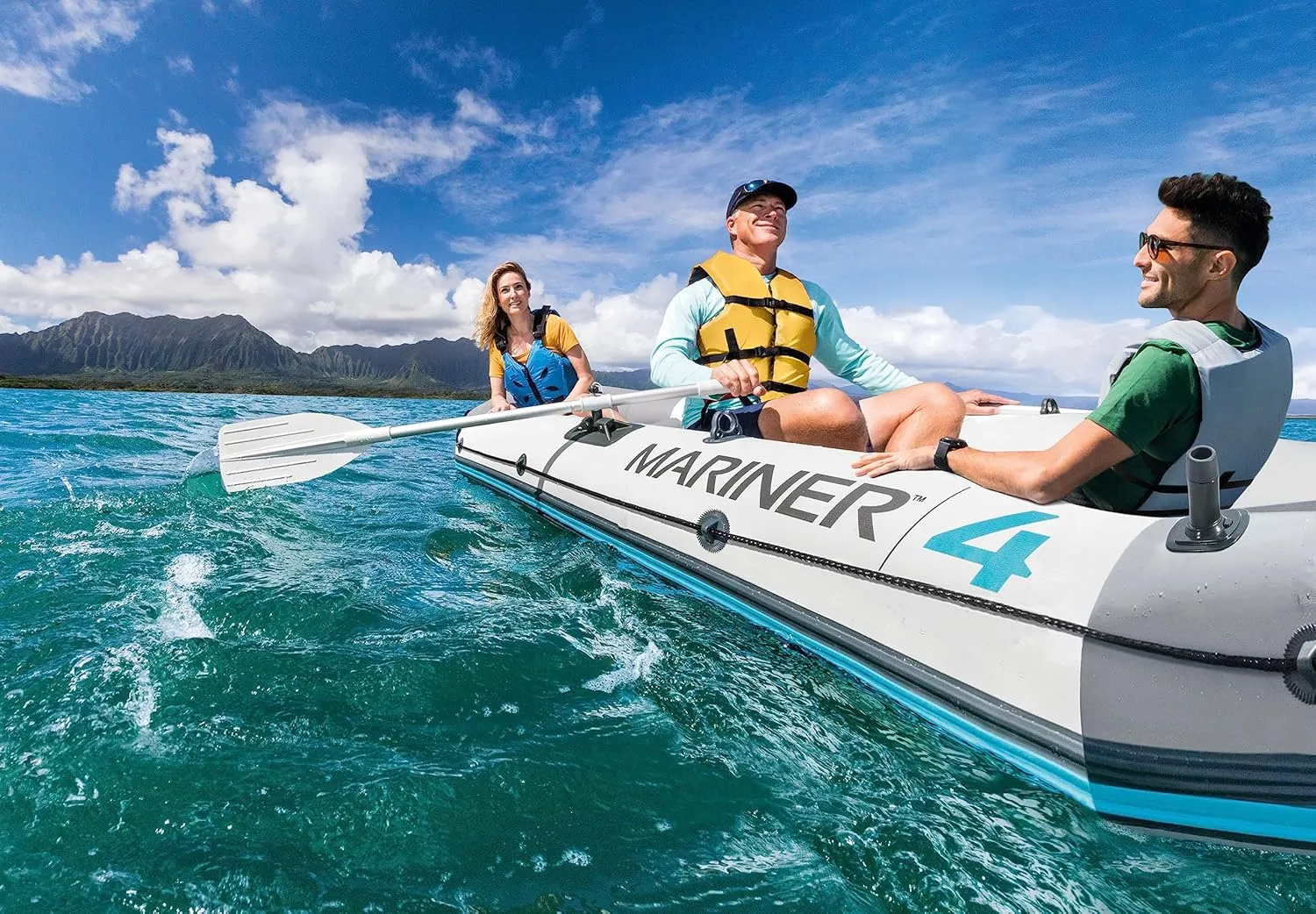 INTEX 68376EP Mariner 4 Inflatable Boat Set: Includes Deluxe 54in Boat Oars and High-Output Pump  Wear-Resistant Keel  Removable Fishing Rod Holders  4-Person  1100lb Weight Capacity