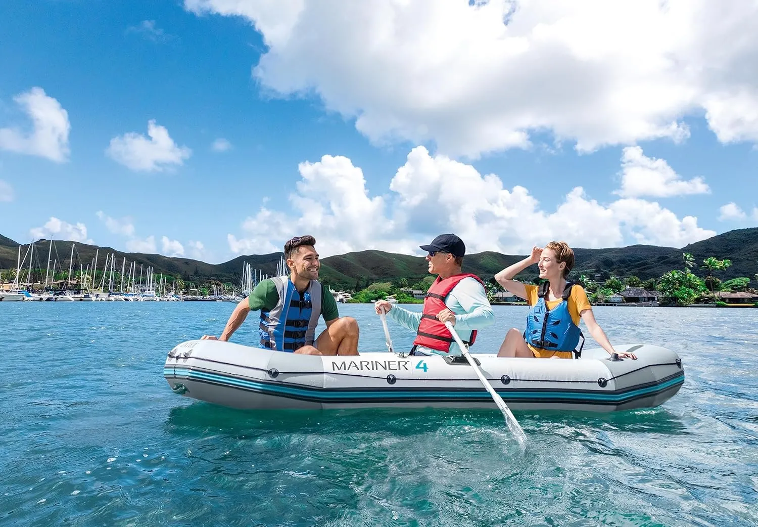 INTEX 68376EP Mariner 4 Inflatable Boat Set: Includes Deluxe 54in Boat Oars and High-Output Pump  Wear-Resistant Keel  Removable Fishing Rod Holders  4-Person  1100lb Weight Capacity