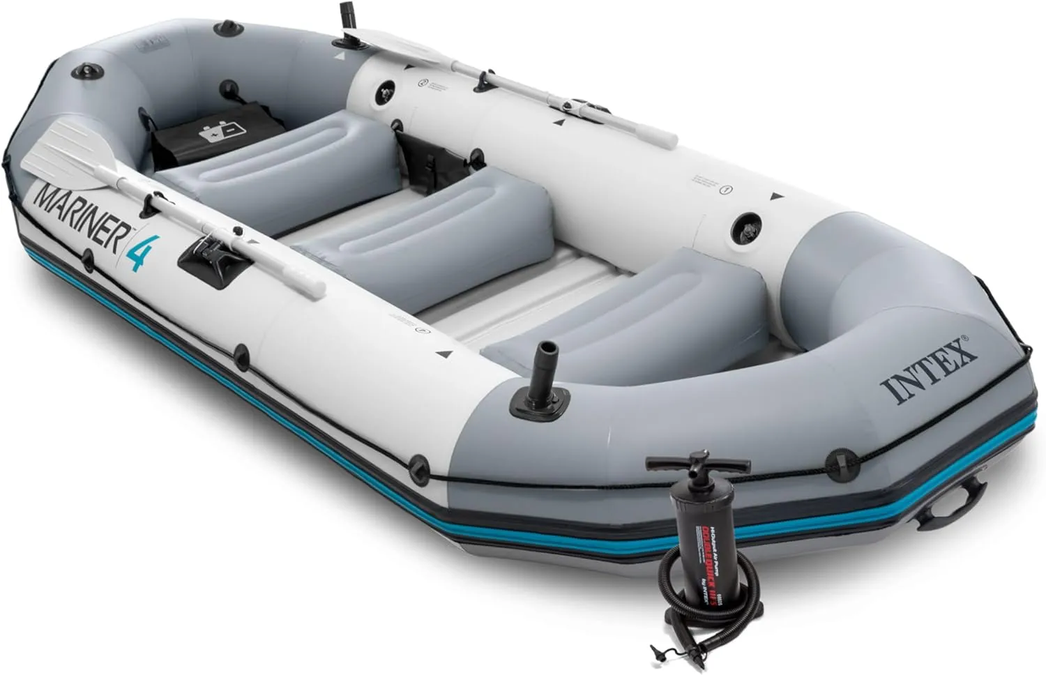 INTEX 68376EP Mariner 4 Inflatable Boat Set: Includes Deluxe 54in Boat Oars and High-Output Pump  Wear-Resistant Keel  Removable Fishing Rod Holders  4-Person  1100lb Weight Capacity
