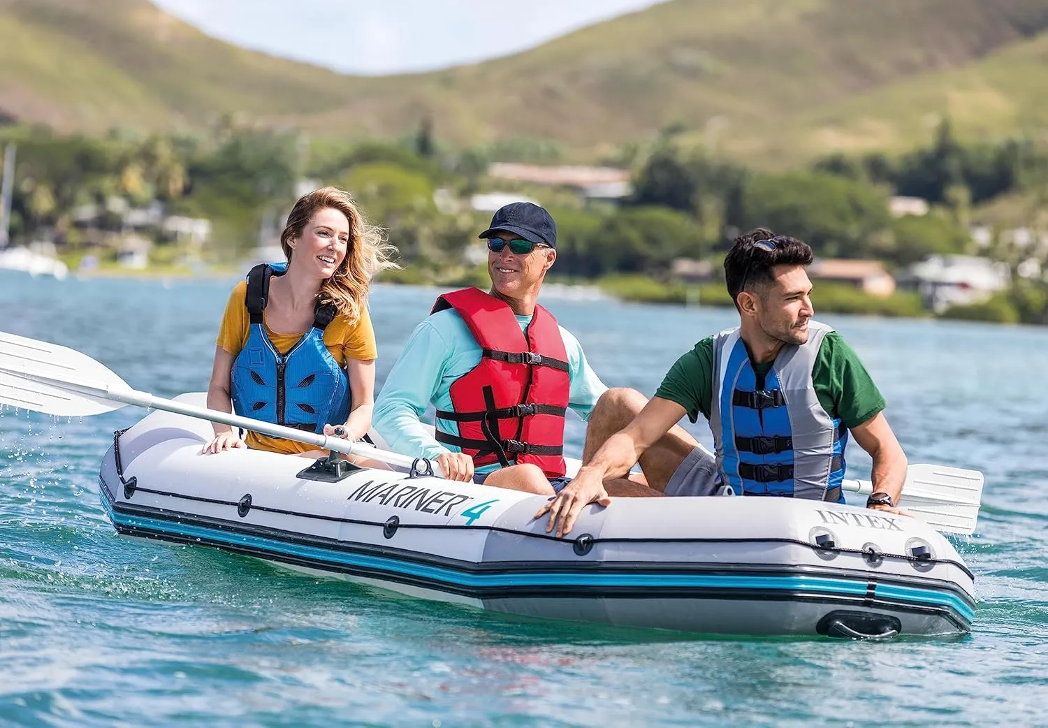 INTEX 68376EP Mariner 4 Inflatable Boat Set: Includes Deluxe 54in Boat Oars and High-Output Pump  Wear-Resistant Keel  Removable Fishing Rod Holders  4-Person  1100lb Weight Capacity