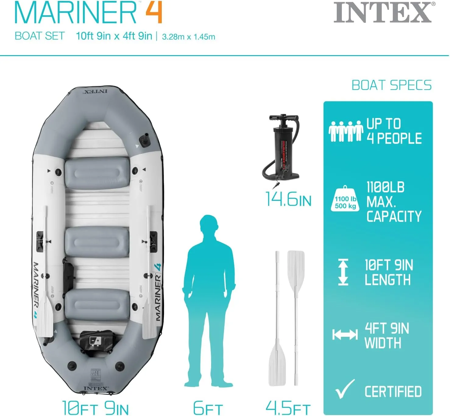 INTEX 68376EP Mariner 4 Inflatable Boat Set: Includes Deluxe 54in Boat Oars and High-Output Pump  Wear-Resistant Keel  Removable Fishing Rod Holders  4-Person  1100lb Weight Capacity