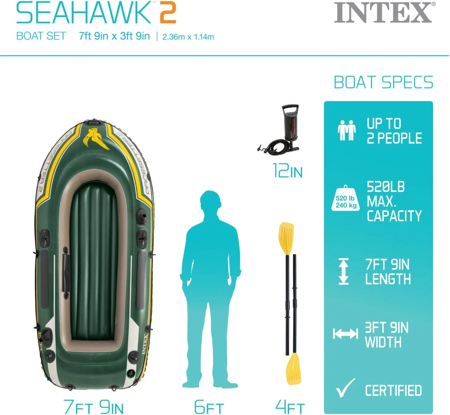 INTEX Seahawk Inflatable Boat Series: Includes Deluxe Aluminum Oars and High-Output Pump  SuperStrong PVC  Fishing Rod Holders  Heavy Duty Grab Handles  Gear Pouch