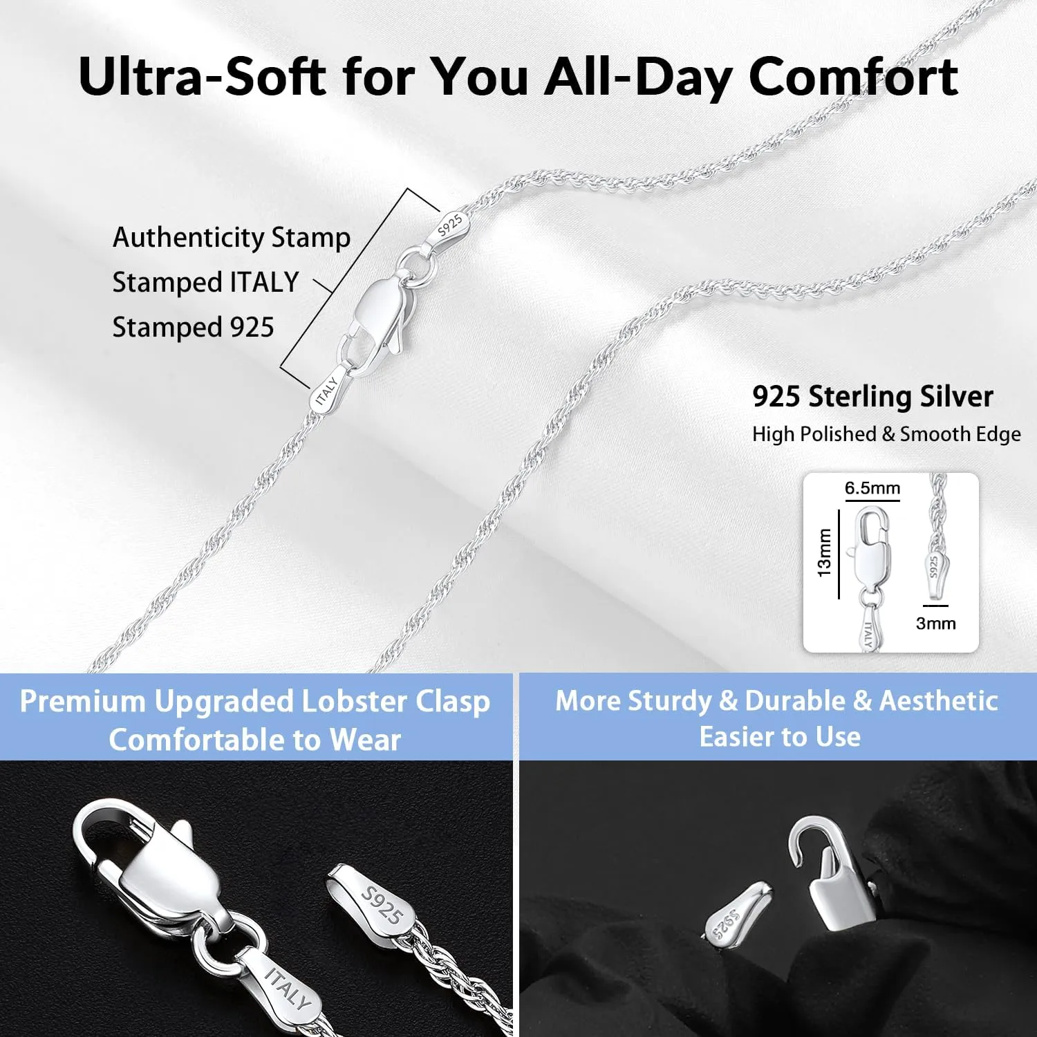 Jewlpire Italian 2mm Rope Chain 925 Sterling Silver Chain Necklace for Women, 14K Plated Gold Chain for Women Smooth & Sturdy Women's Chain Necklaces, 16 18 20 22 24 26 Inch