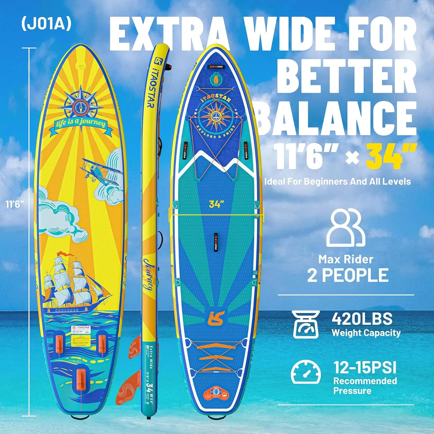 Journey 11'6" / 11'34" / 11'35" Extra Wide Paddle Board, One-Stop Premium SUP Board Accessories, Tailored Fins, Stable Inflatable Stand Up Paddle Boards for Youth/Adults of All Skill Levels