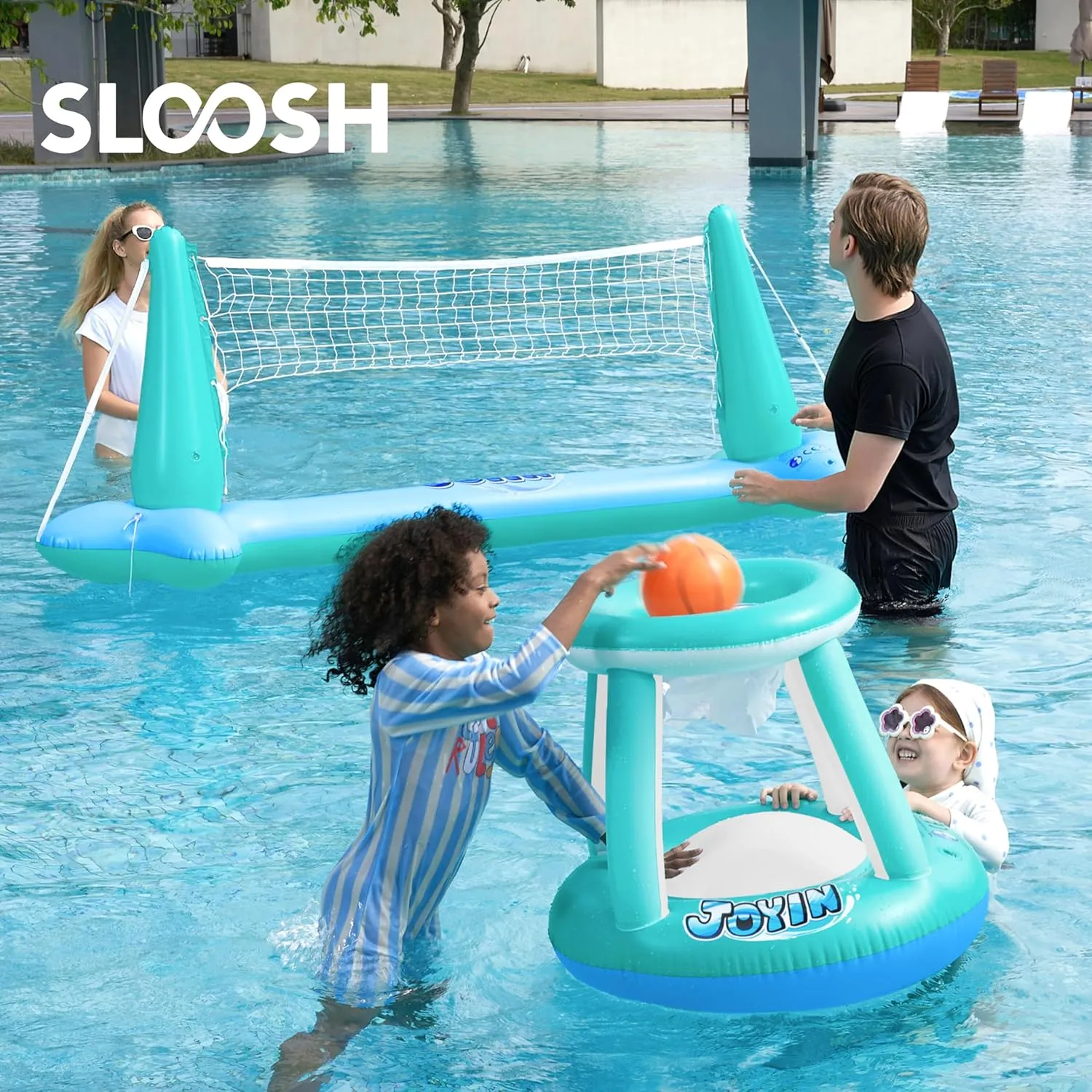 JOYIN Inflatable Pool Float Set Volleyball Net & Basketball Hoops, Floating Swimming Game Toy for Kids and Adults, Summer Floaties, Volleyball Court (105x28x35)|Basketball (27x23x27),L-Blue