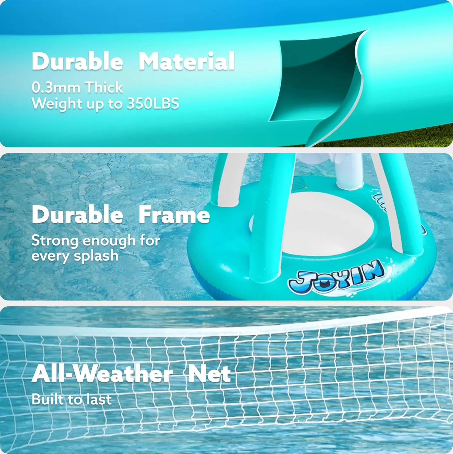 JOYIN Inflatable Pool Float Set Volleyball Net & Basketball Hoops, Floating Swimming Game Toy for Kids and Adults, Summer Floaties, Volleyball Court (105x28x35)|Basketball (27x23x27),L-Blue