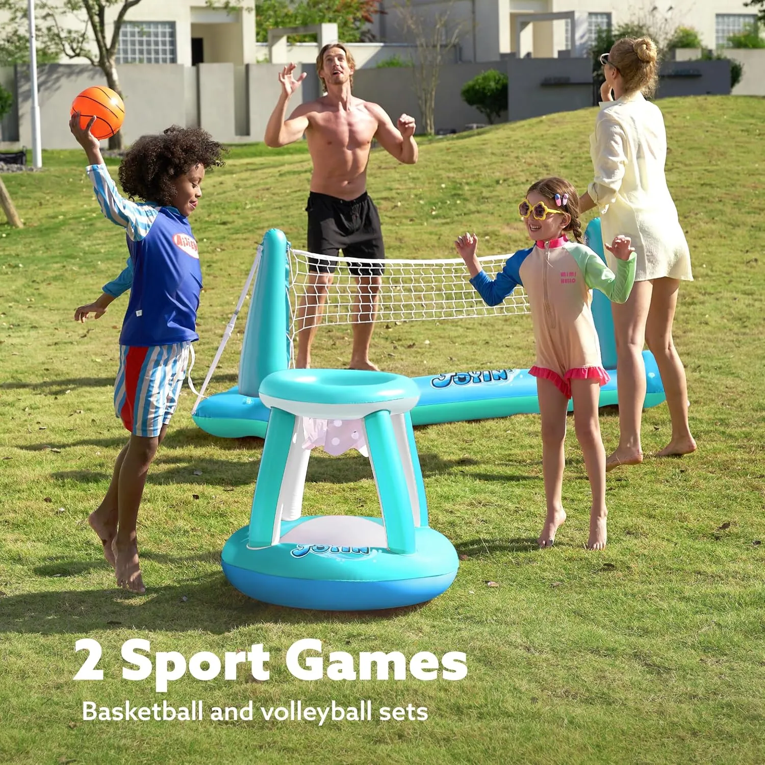 JOYIN Inflatable Pool Float Set Volleyball Net & Basketball Hoops, Floating Swimming Game Toy for Kids and Adults, Summer Floaties, Volleyball Court (105x28x35)|Basketball (27x23x27),L-Blue