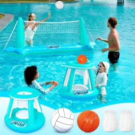 JOYIN Inflatable Pool Float Set Volleyball Net & Basketball Hoops, Floating Swimming Game Toy for Kids and Adults, Summer Floaties, Volleyball Court (105x28x35)|Basketball (27x23x27),L-Blue