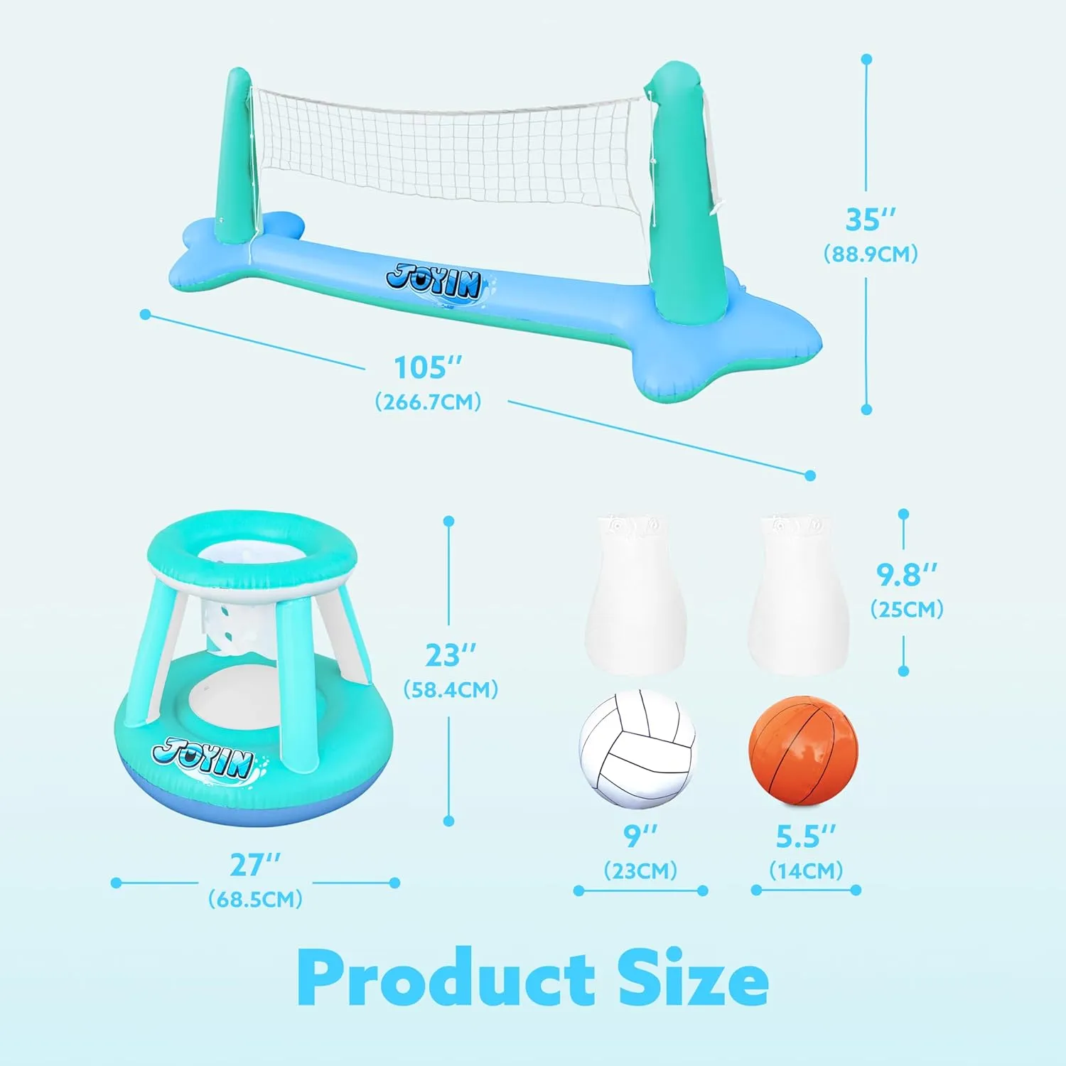 JOYIN Inflatable Pool Float Set Volleyball Net & Basketball Hoops, Floating Swimming Game Toy for Kids and Adults, Summer Floaties, Volleyball Court (105x28x35)|Basketball (27x23x27),L-Blue