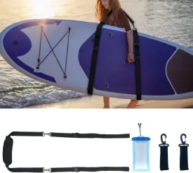Kayak Surfboard Shoulder Strap, Paddle Board Carry Strap with Paddle Holder and Waterproof Phone Pouch, Adjustable Hands-Free SUP Canoe Strap Boards